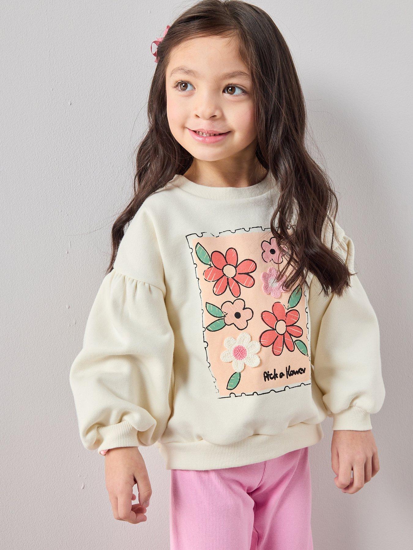 The Very Collection Girls Puff Sleeve Flower Stamp Sweatshirt - Print