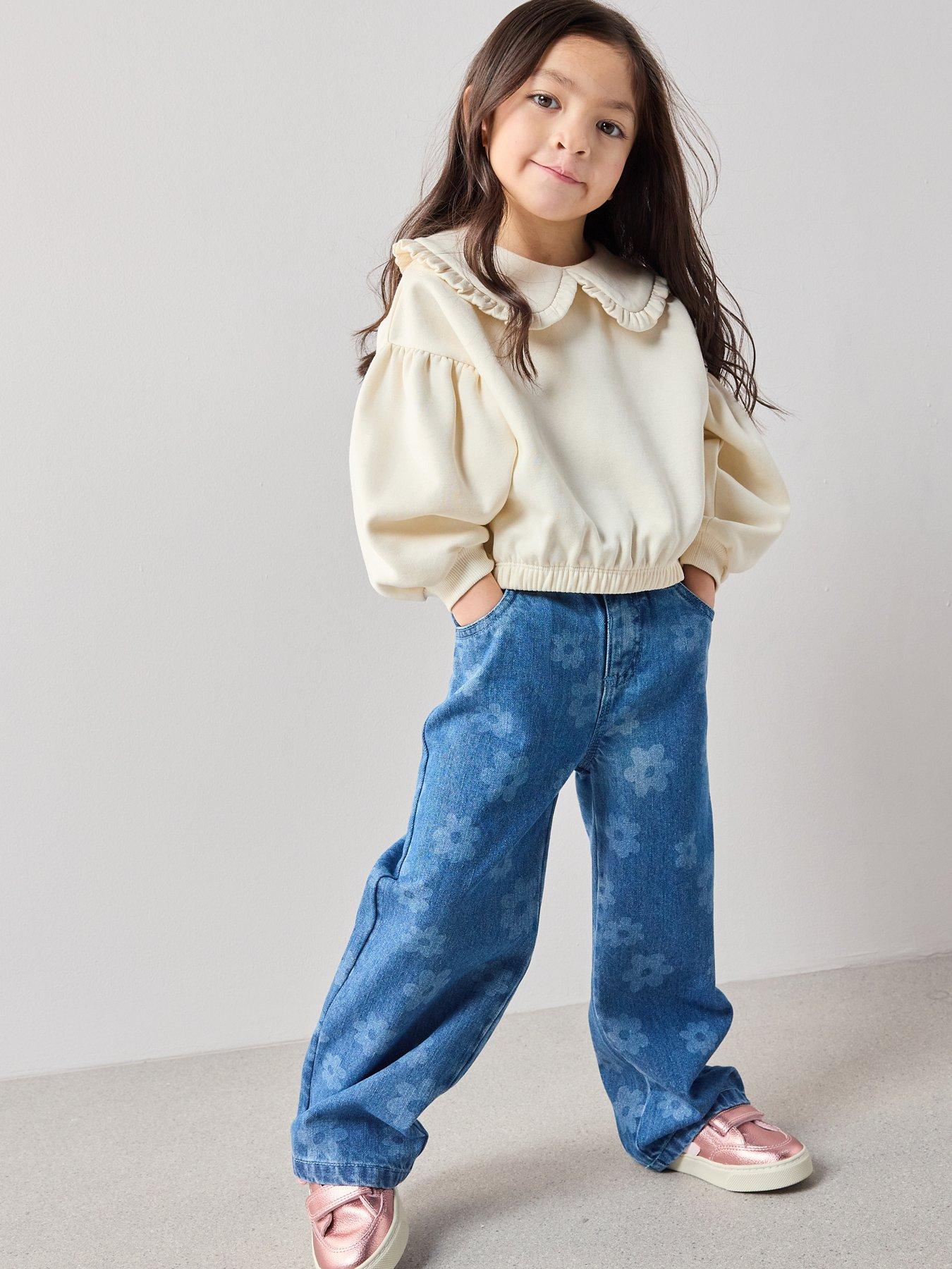 The Very Collection Girls Sweatshirt With Frill Collar And Floral Denim Jeans Set - Mid Wash