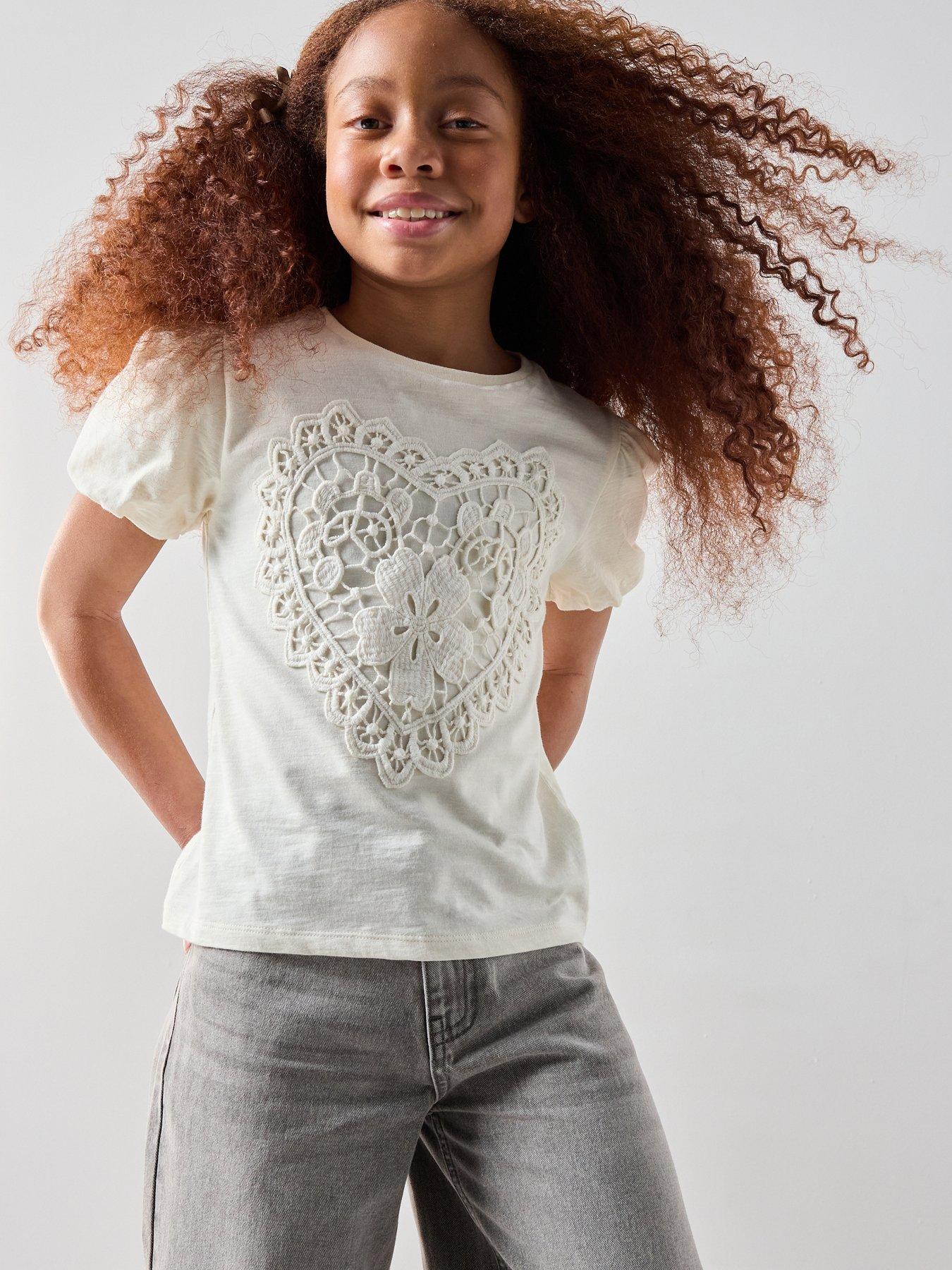 The Very Collection Girls 3D Applique Puff Sleeve Top - Cream