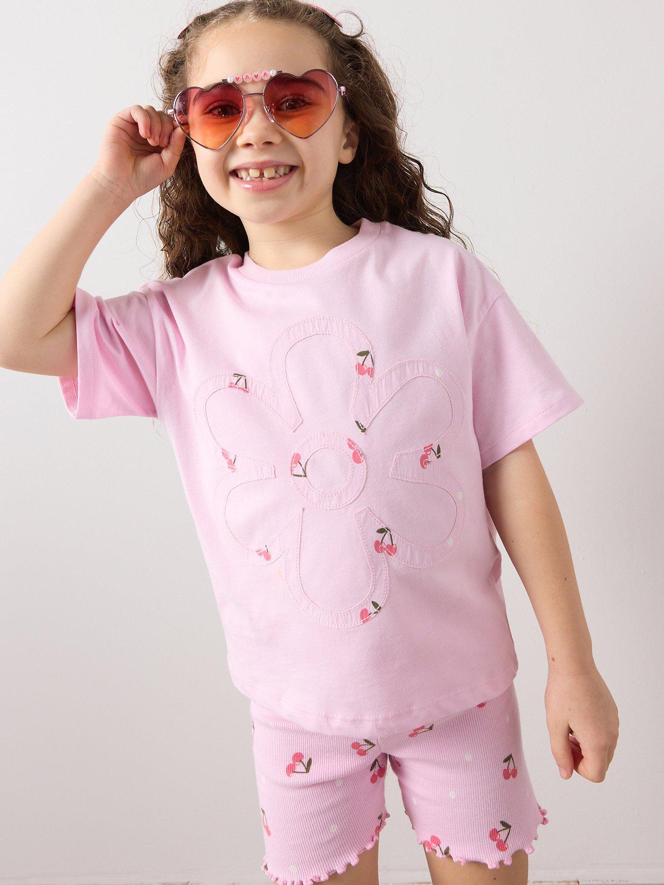 The Very Collection Girls Floral T-Shirt And Cherry Cycling Rib Shorts - Pink