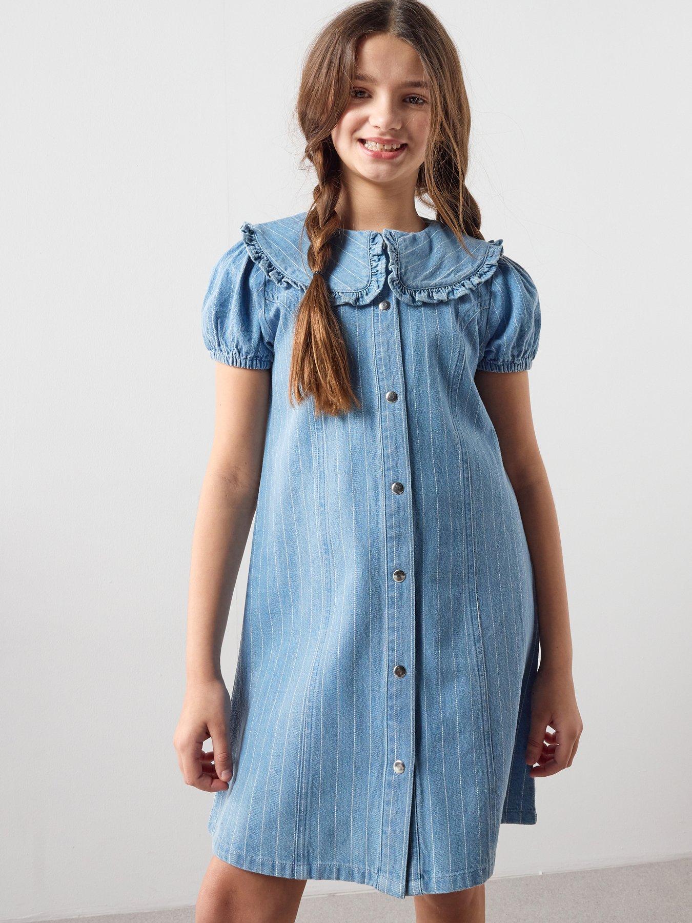The Very Collection Girls Striped Denim Dress - Mid Wash