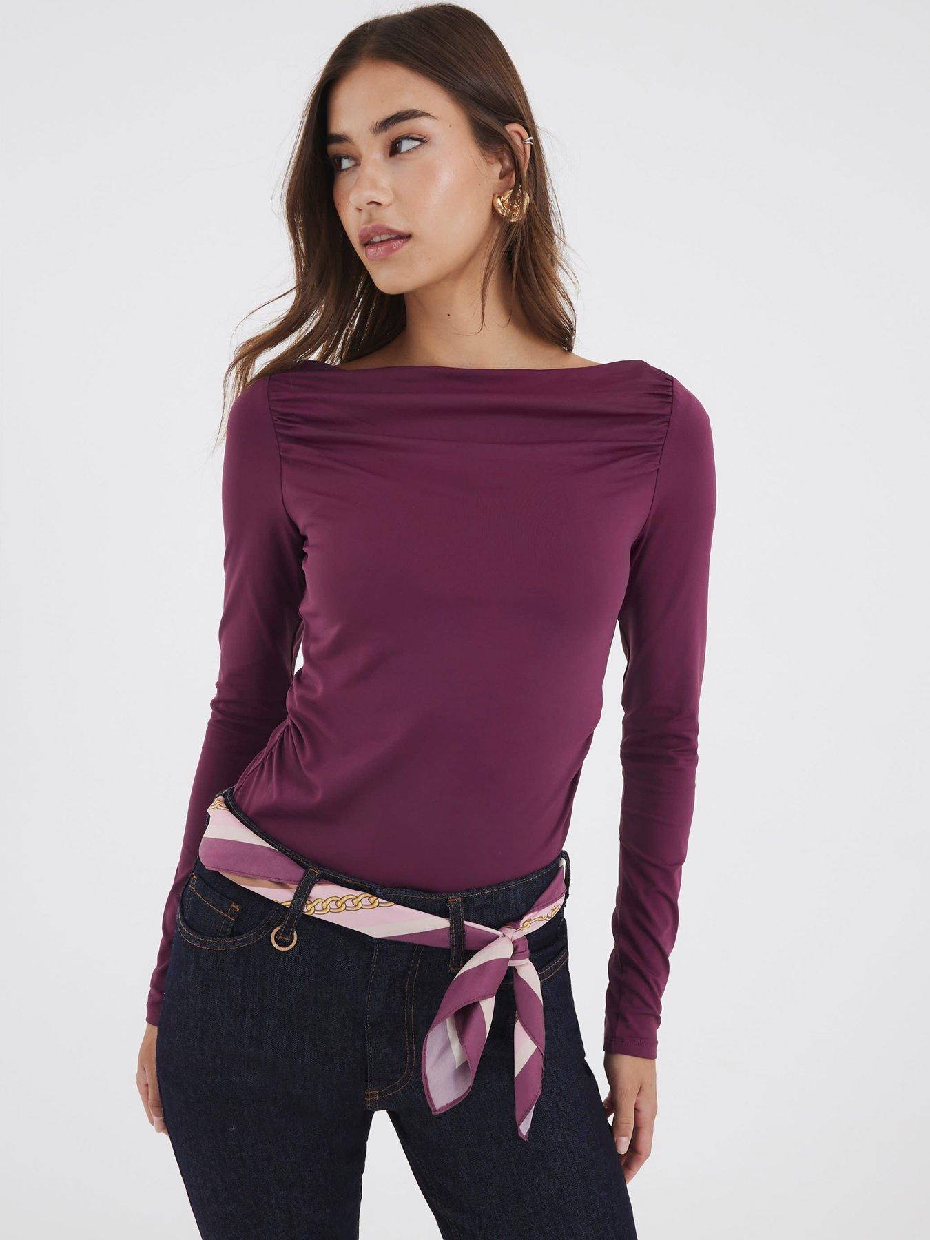 Image 1 of 4 of River Island Long Sleeve Polyamide Ruched Drape Top - Purple