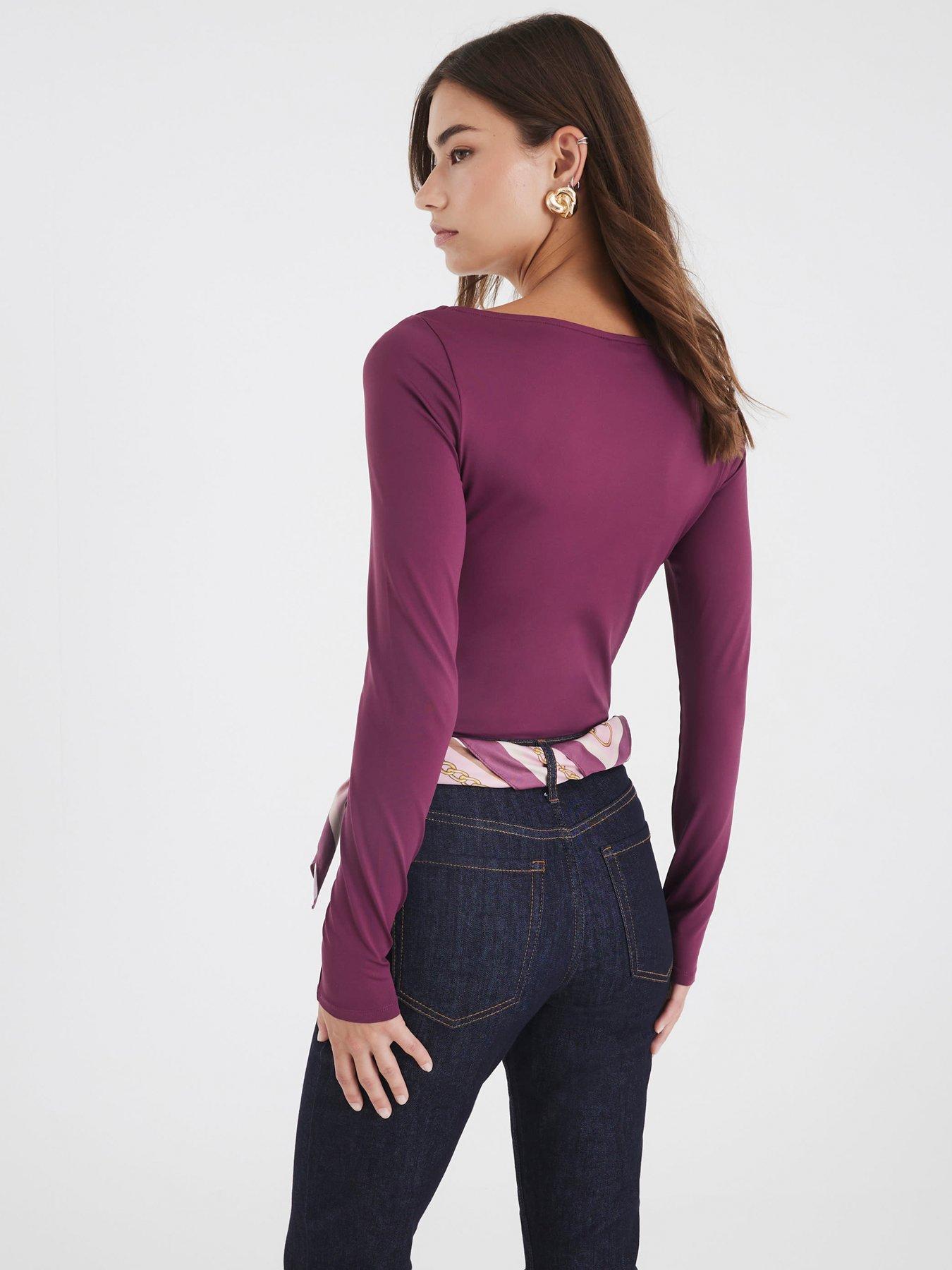 Image 2 of 4 of River Island Long Sleeve Polyamide Ruched Drape Top - Purple