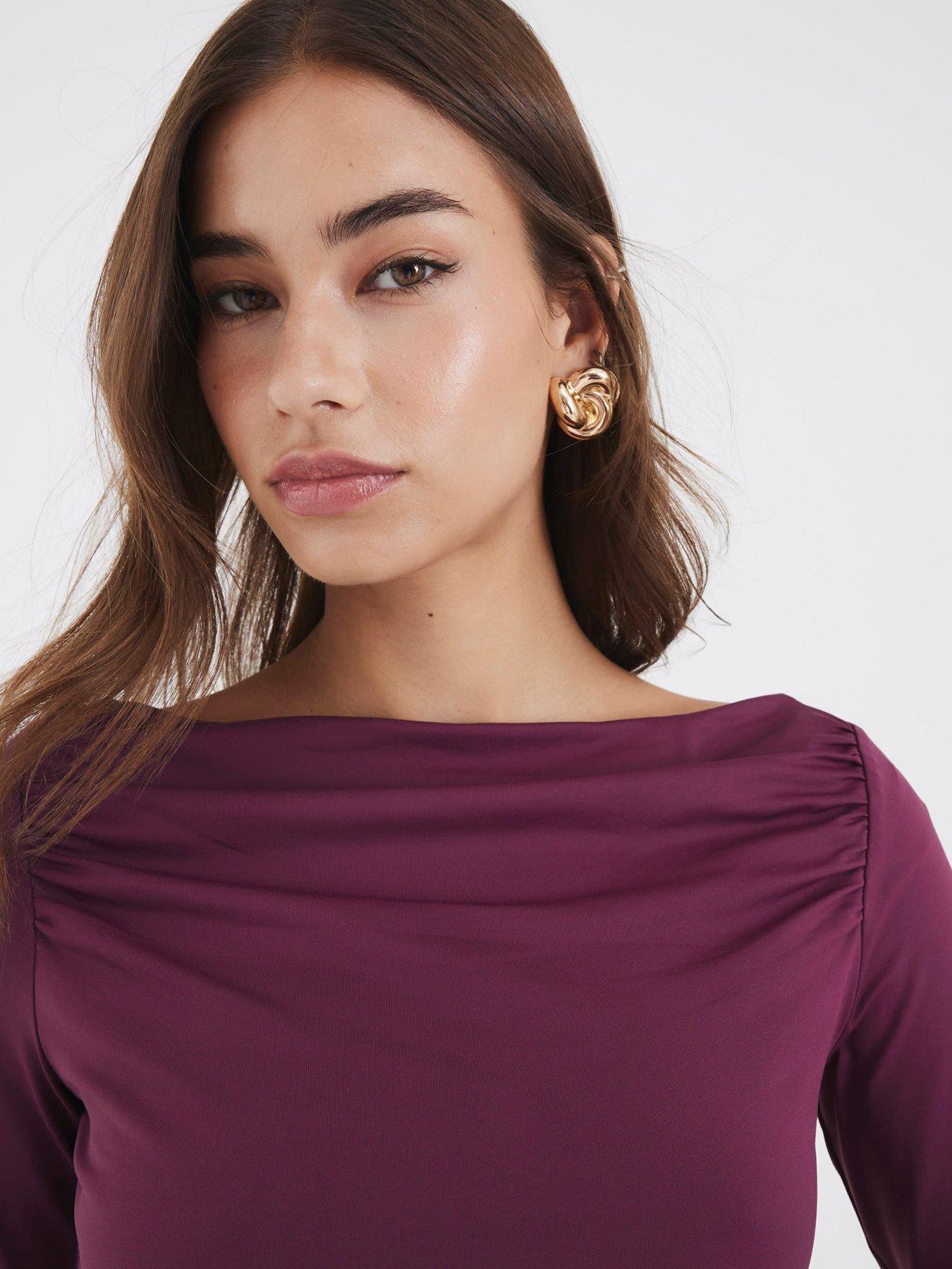 Image 4 of 4 of River Island Long Sleeve Polyamide Ruched Drape Top - Purple