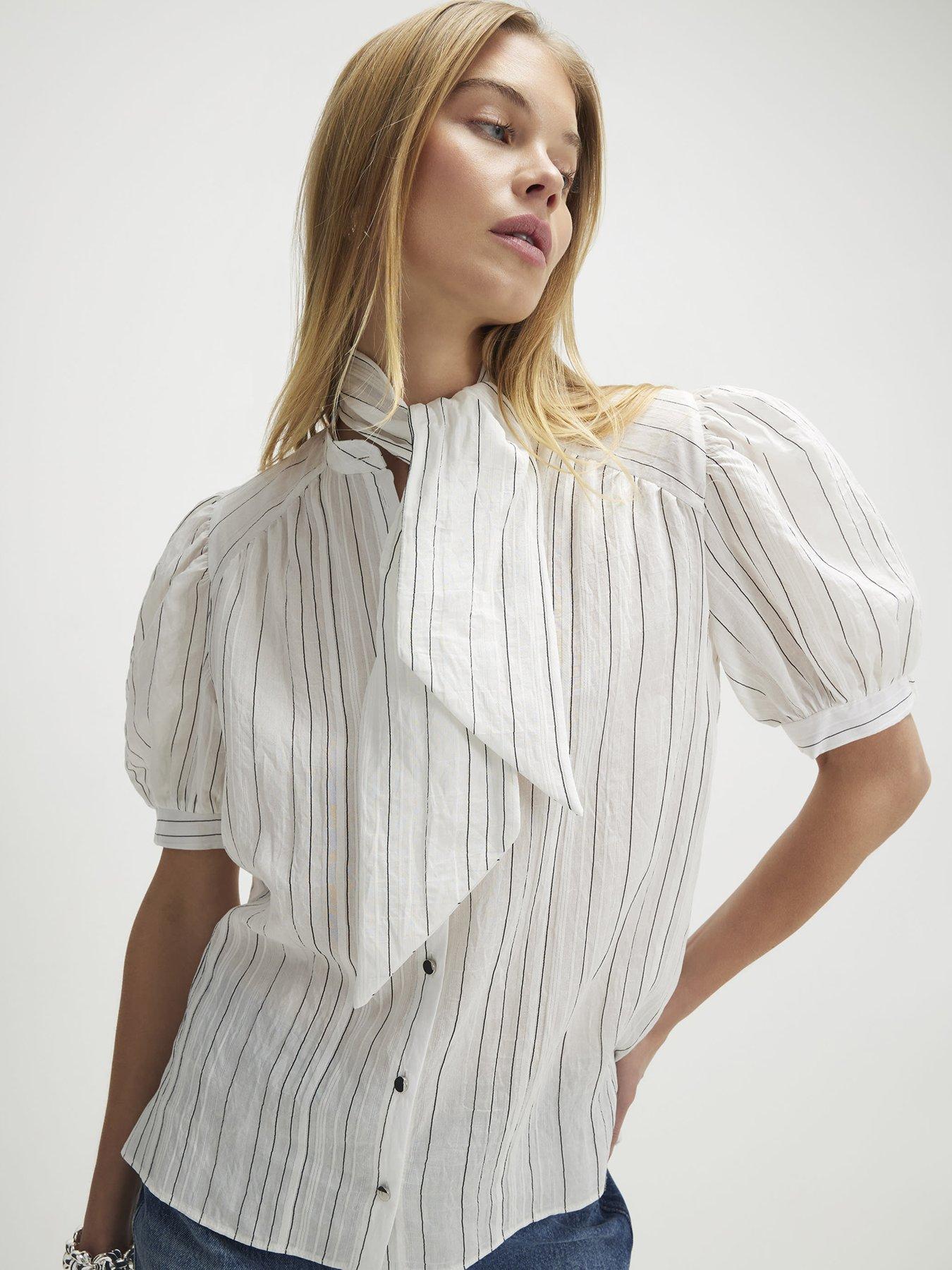 Image 1 of 4 of River Island Stripe Pussybow Blouse - White