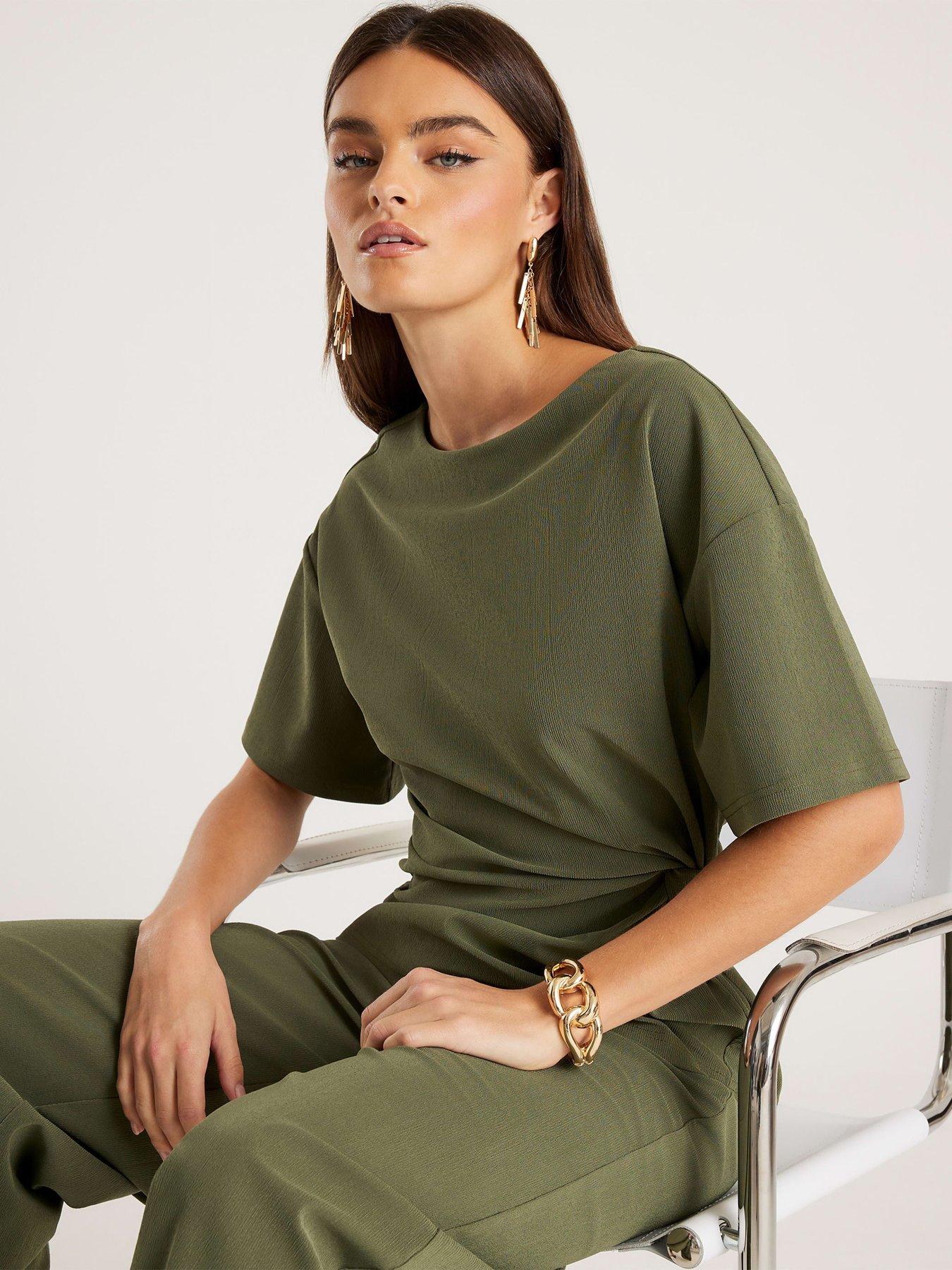 Image 4 of 4 of River Island Short Sleeve Twist Detail Top - Khaki