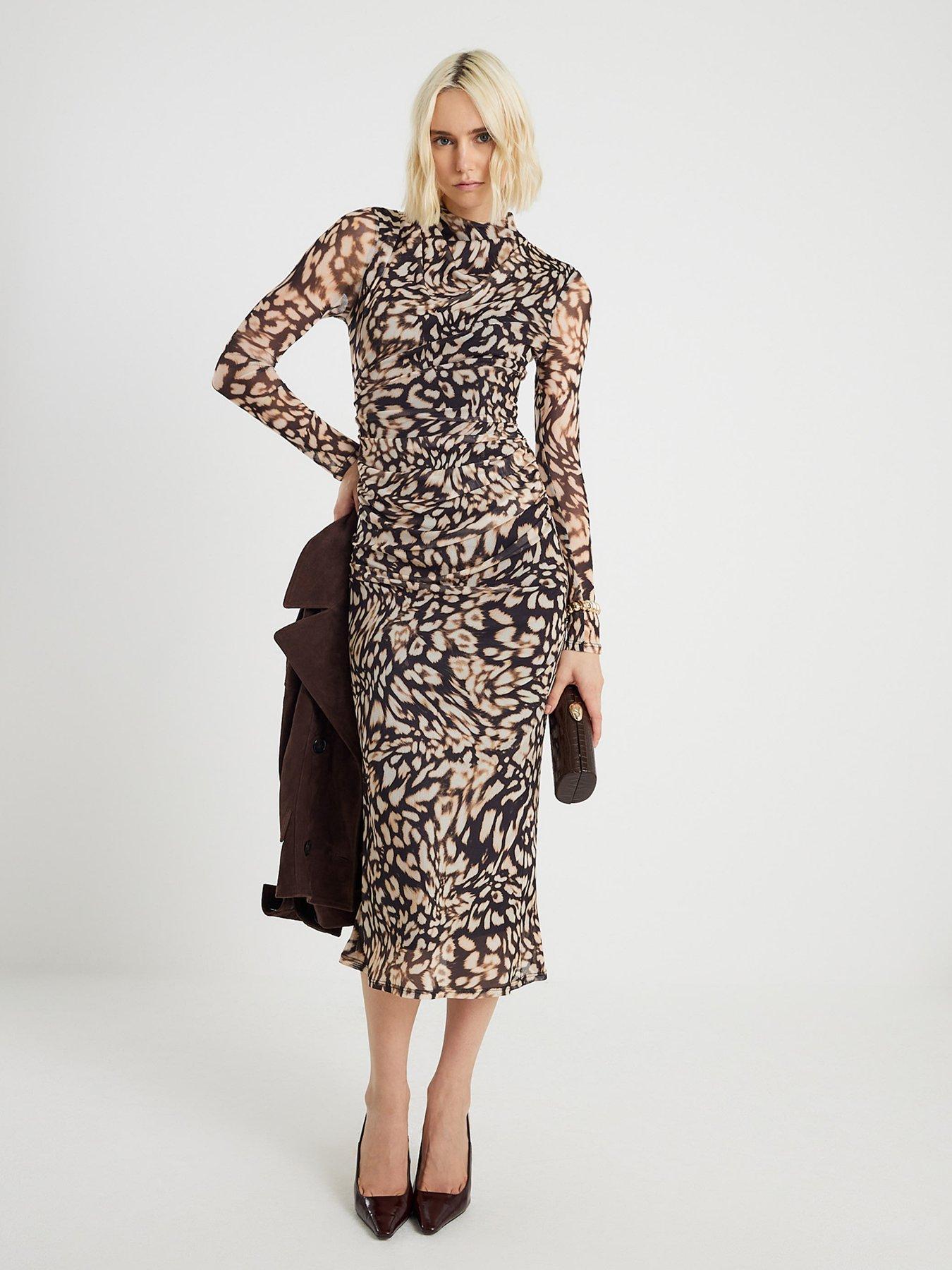 River Island: Long Sleeve Animal Print Midi Dress - Black