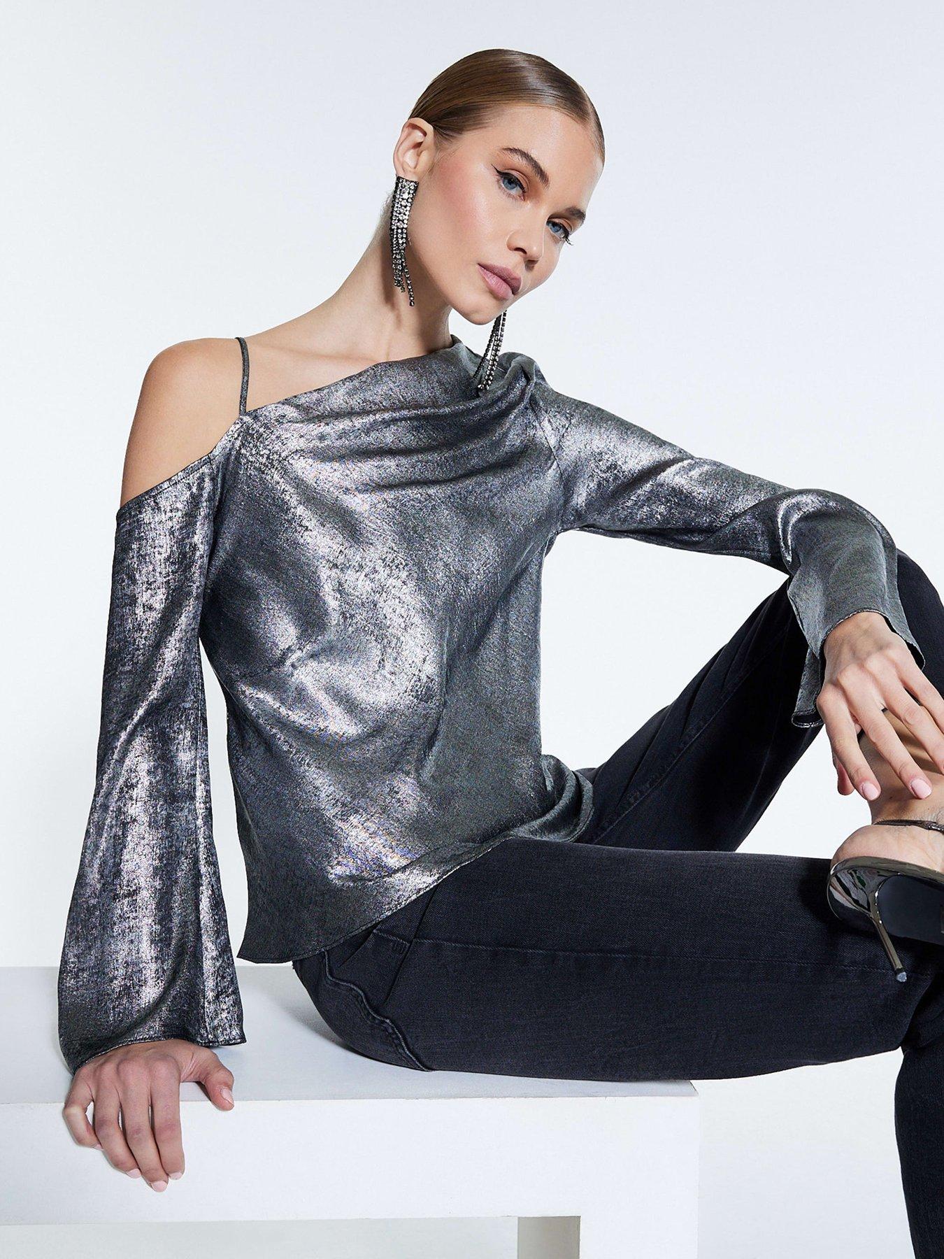 Image 1 of 4 of River Island Metallic One Shoulder Top - Silver