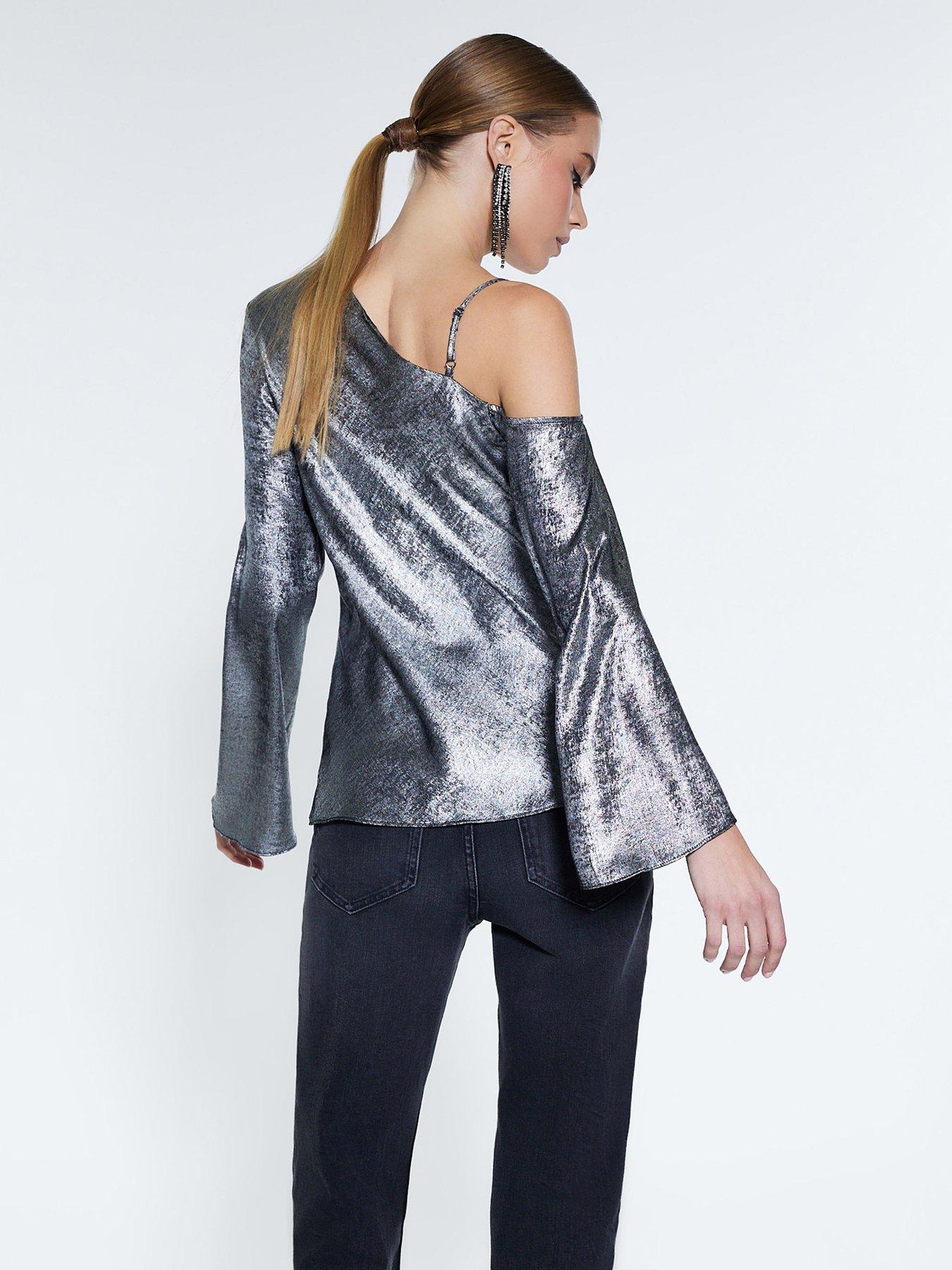 Image 2 of 4 of River Island Metallic One Shoulder Top - Silver