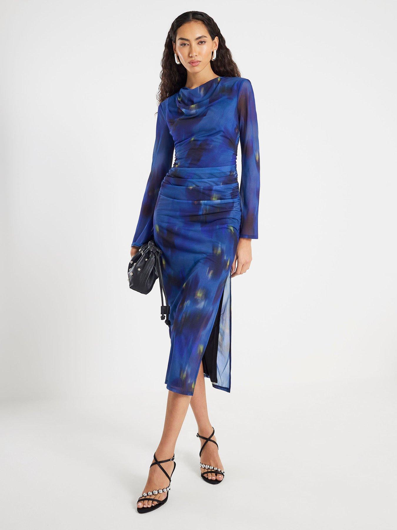 Image 1 of 4 of River Island Long Sleeve Swirl Print Midi Dress - Blue