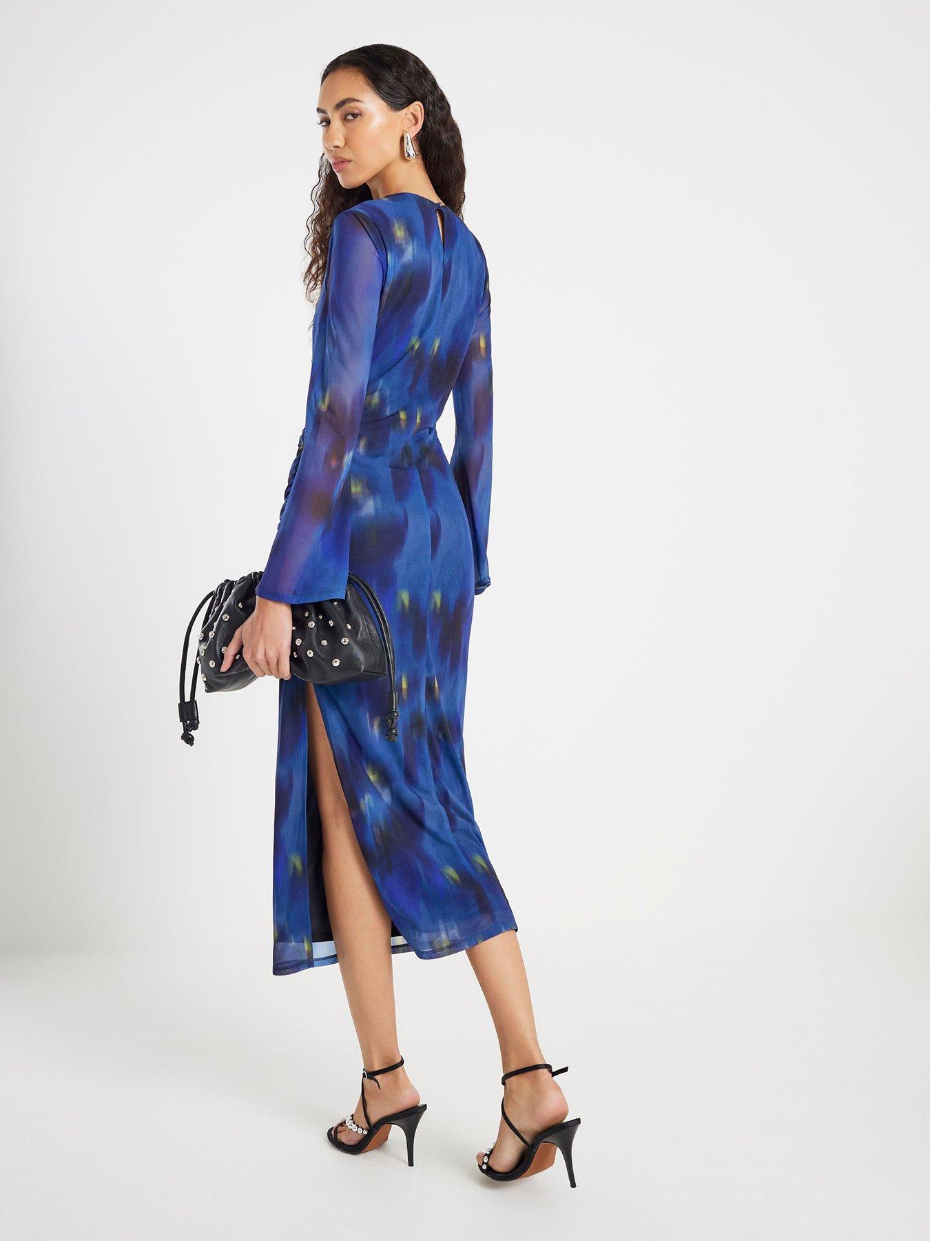 Image 2 of 4 of River Island Long Sleeve Swirl Print Midi Dress - Blue