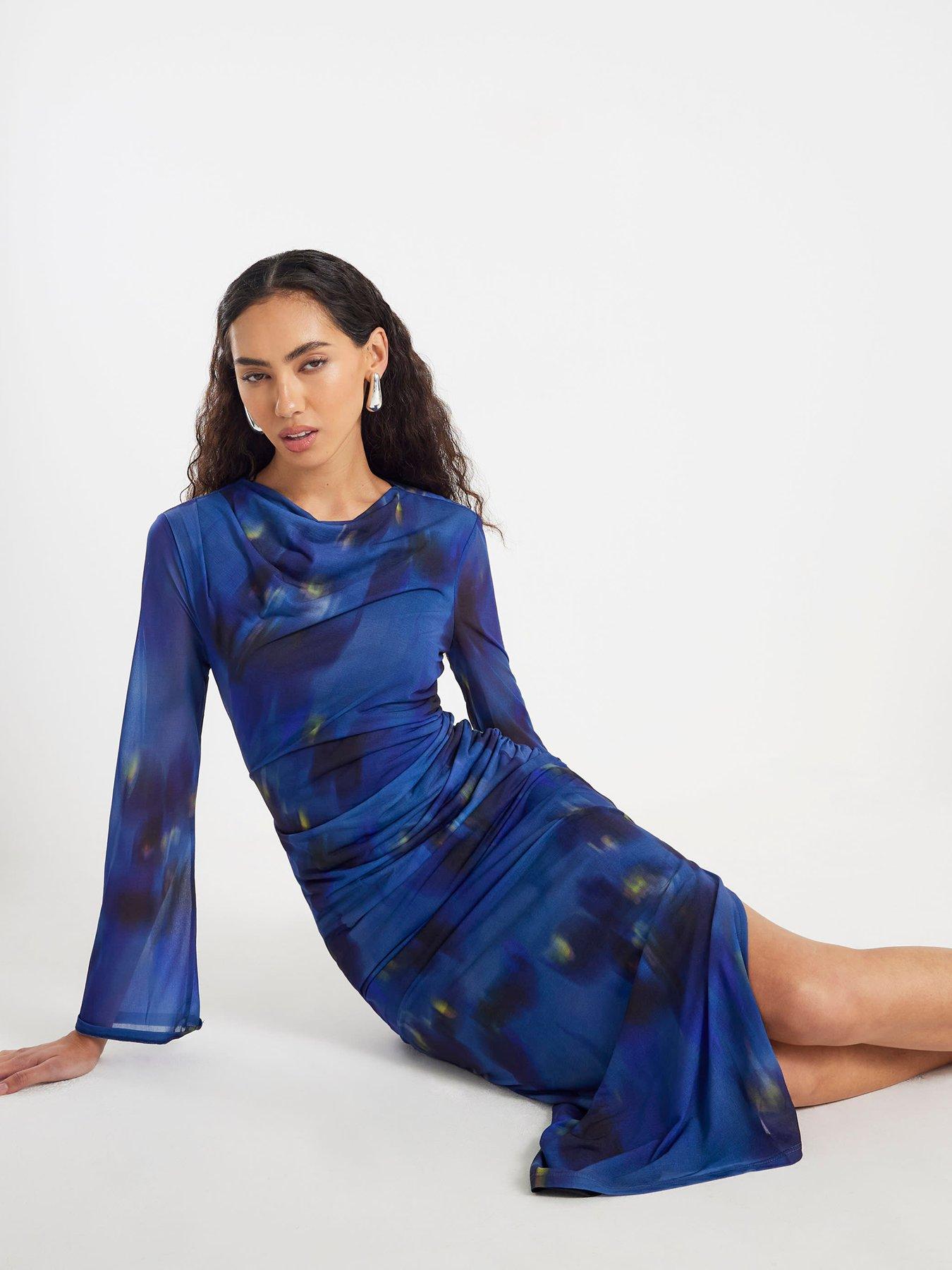 Image 3 of 4 of River Island Long Sleeve Swirl Print Midi Dress - Blue