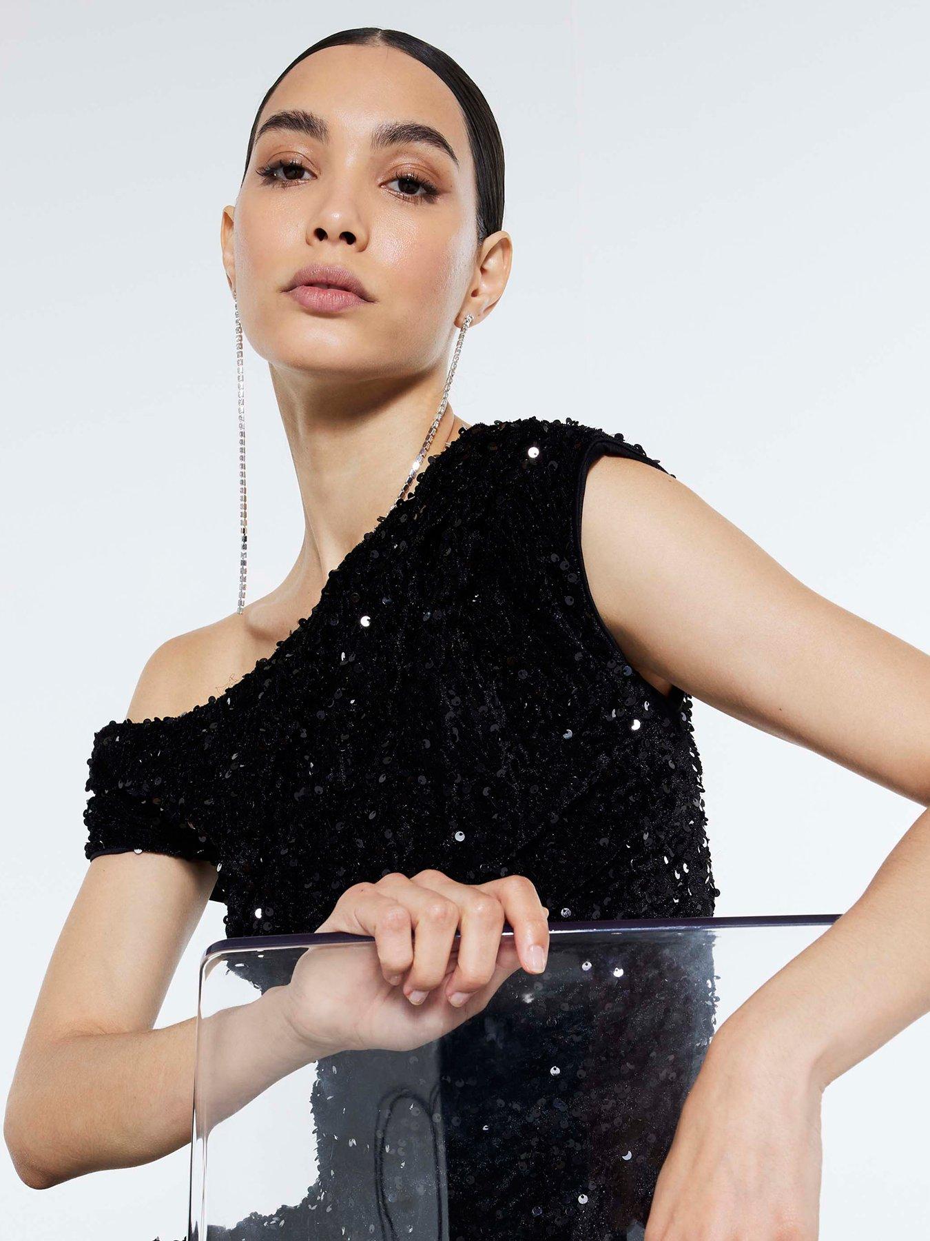 River Island Short Velvet Sequin Drape Top - Black