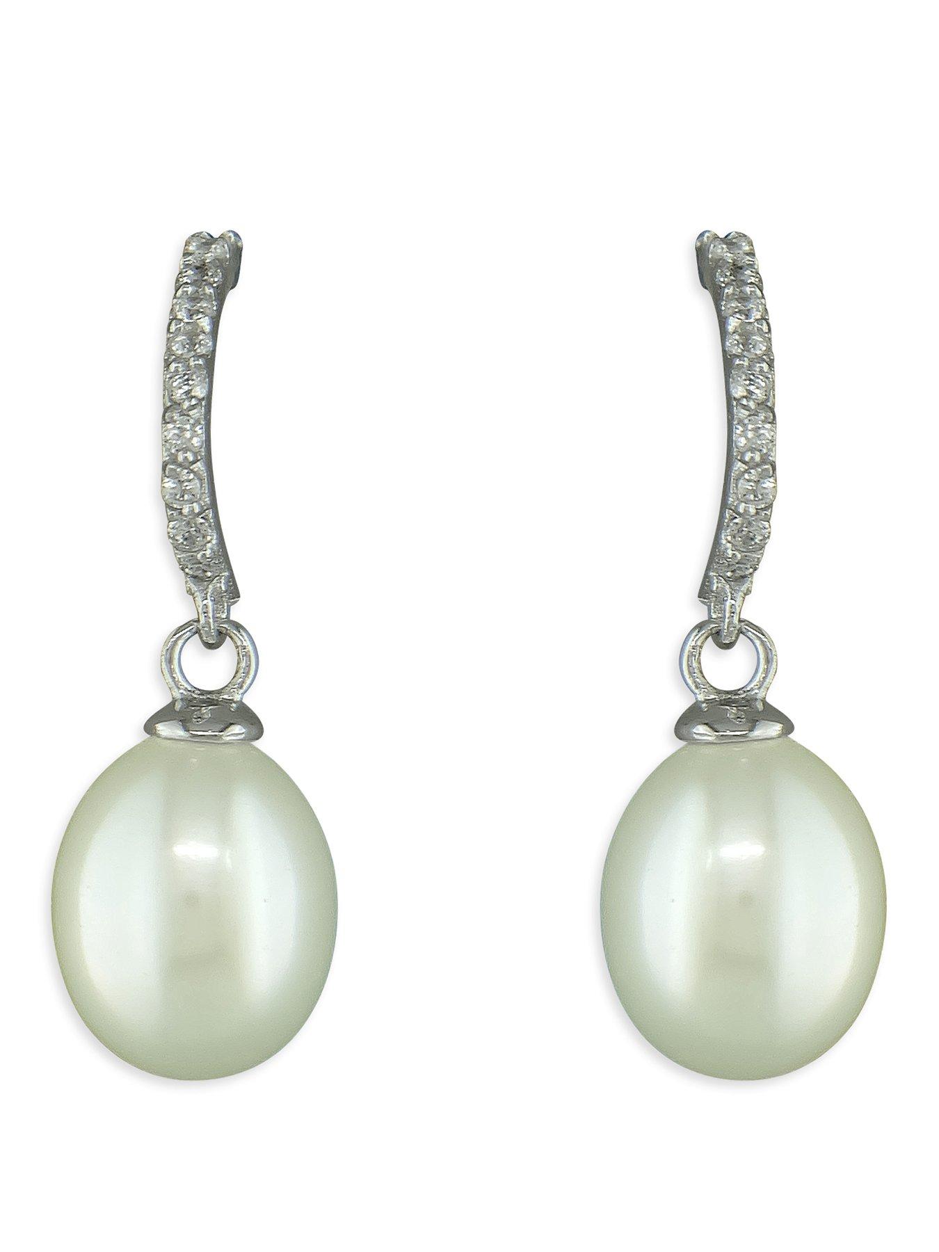 Ernest Jones Sterling Silver Cultured Freshwater Pearl  &  Cubic Zirconia Half Hoop Drop Earrings