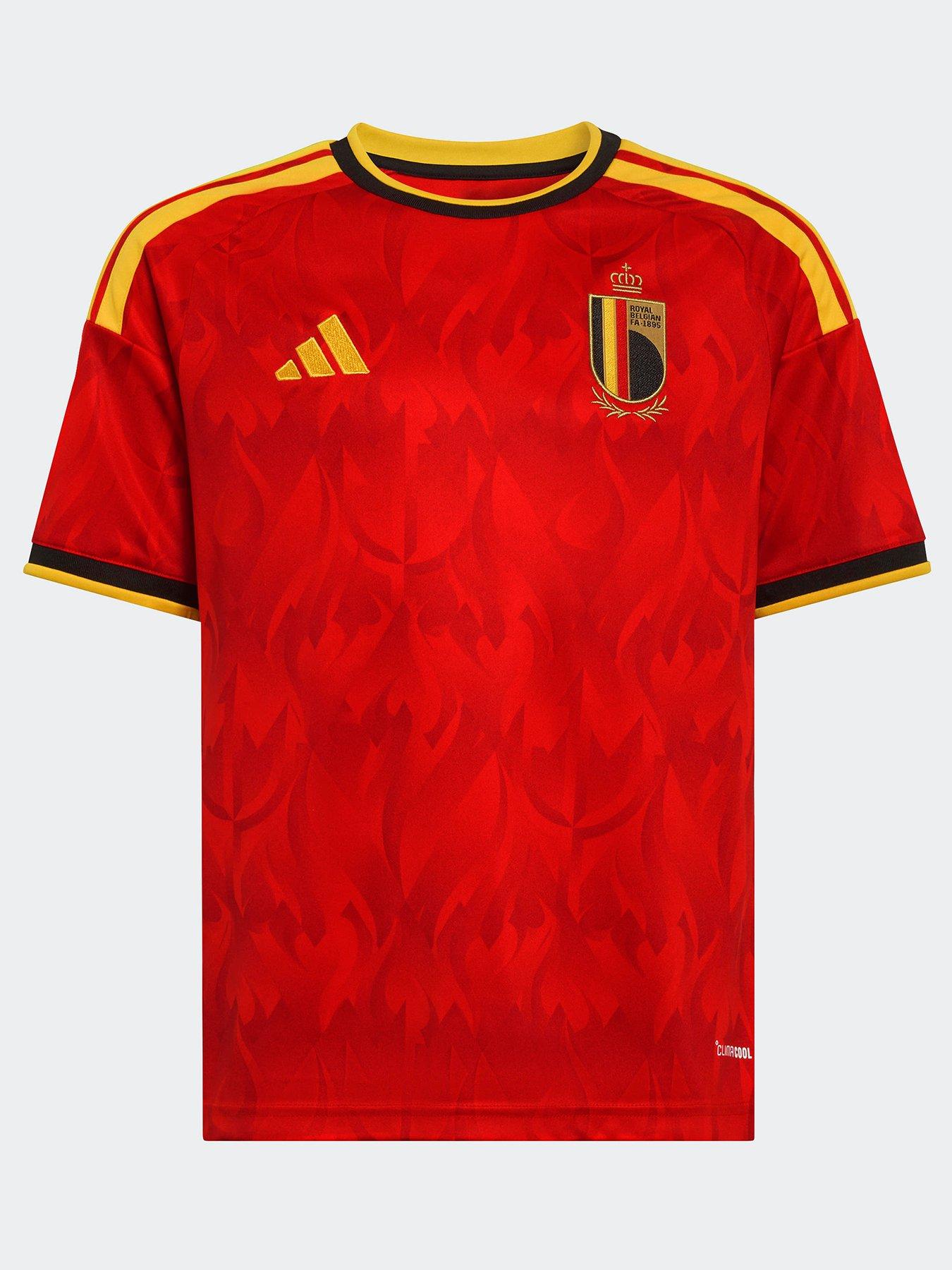 adidas Junior Belgium Replica 26 Home Football Shirt, Red/Bogold, Size 9-10 Years