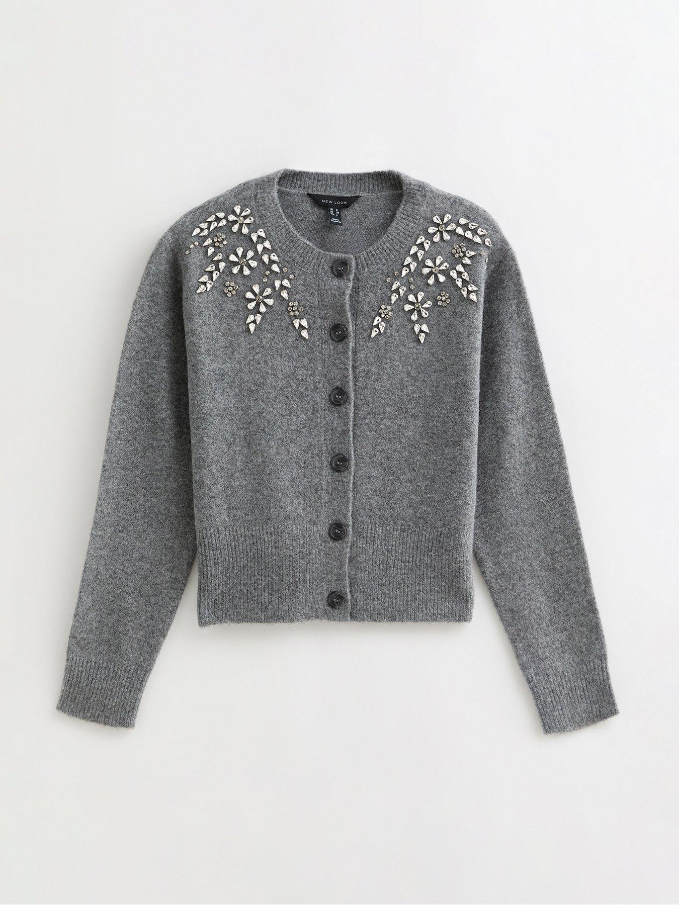 Original Grey O Neck Floral Pearl Knit Cardigan Winter main image 0