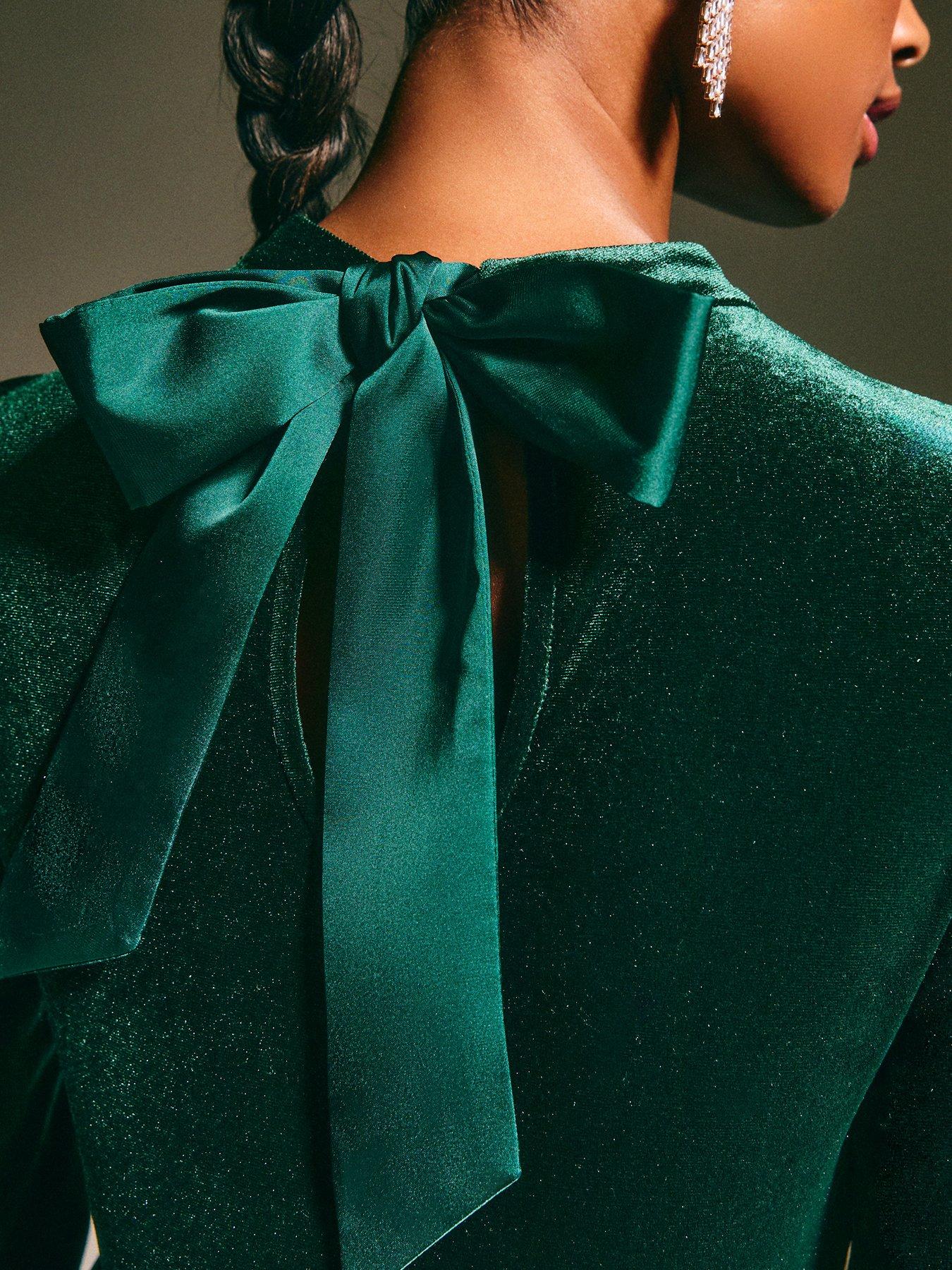 long sleeve green velvet mini dress Midi Wedding-Guest Dress with Shoulder Ties Dusty Blue / 12