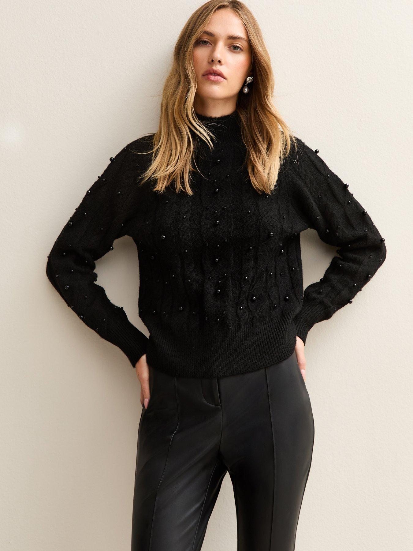 Image 1 of 6 of New Look Black Cable Knit Bead Embellished Jumper