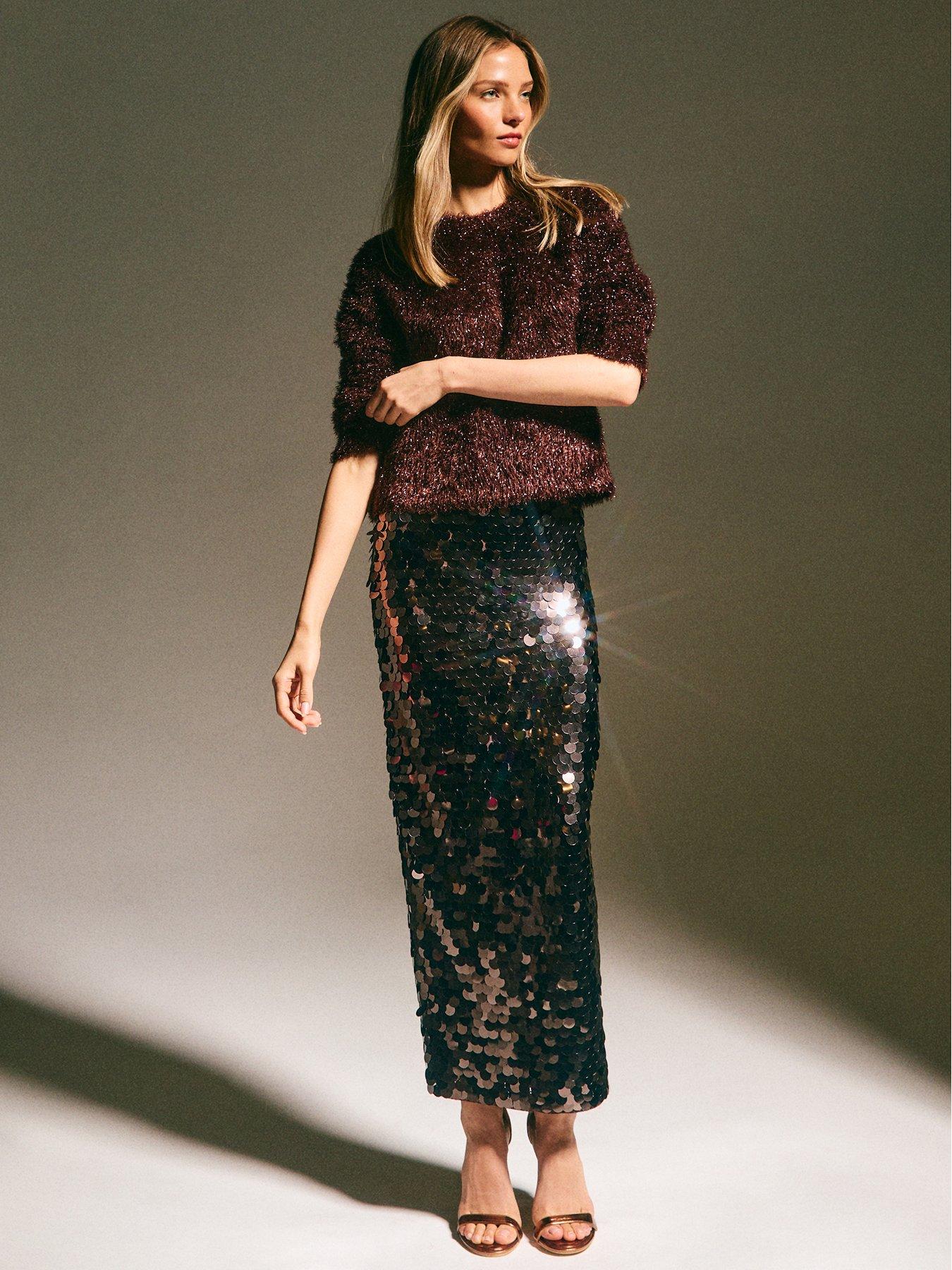 Image 3 of 6 of New Look Sequin Midi Skirt - Dark Brown