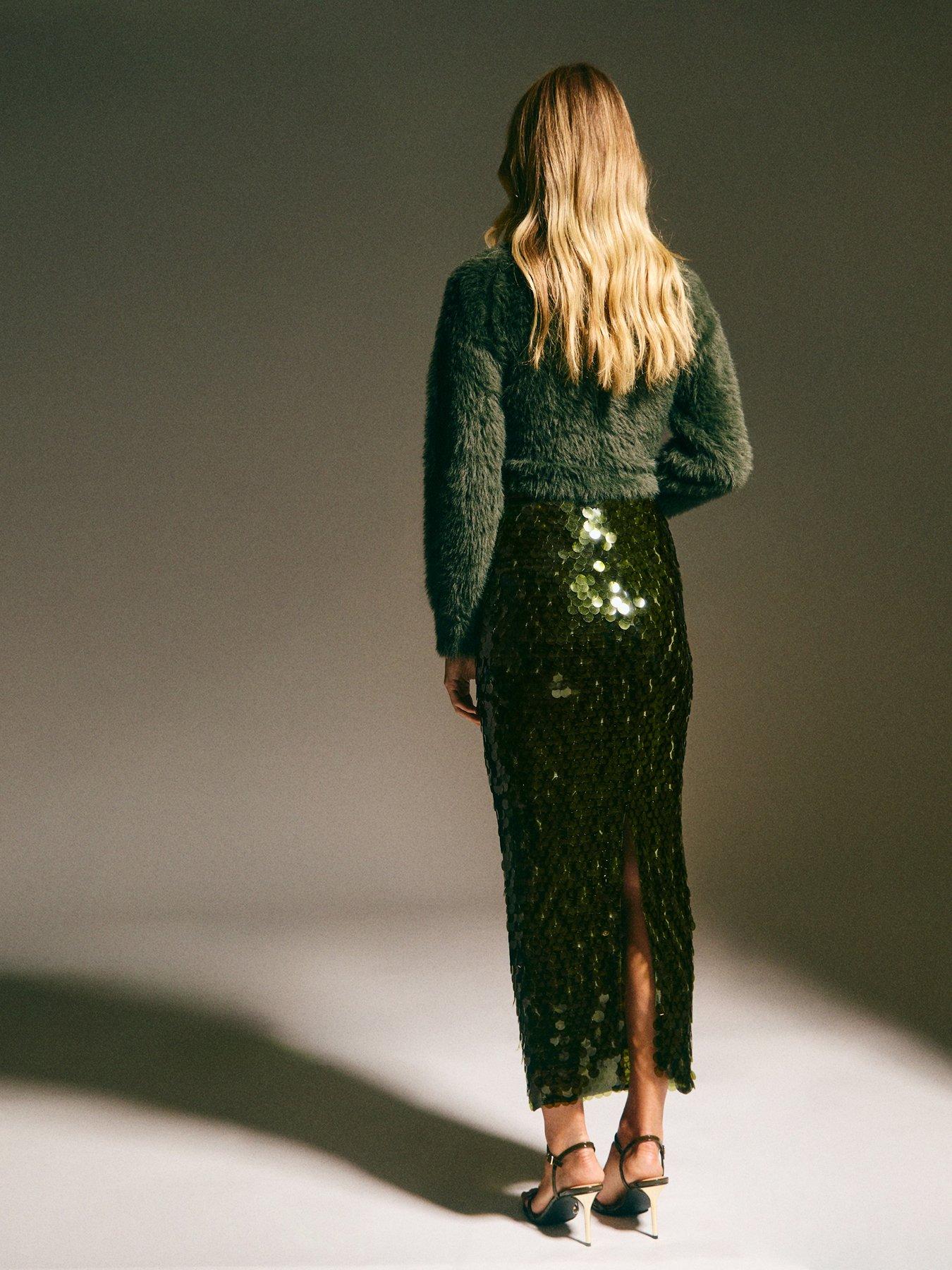 Image 2 of 6 of New Look Khaki Sequin Midi Skirt