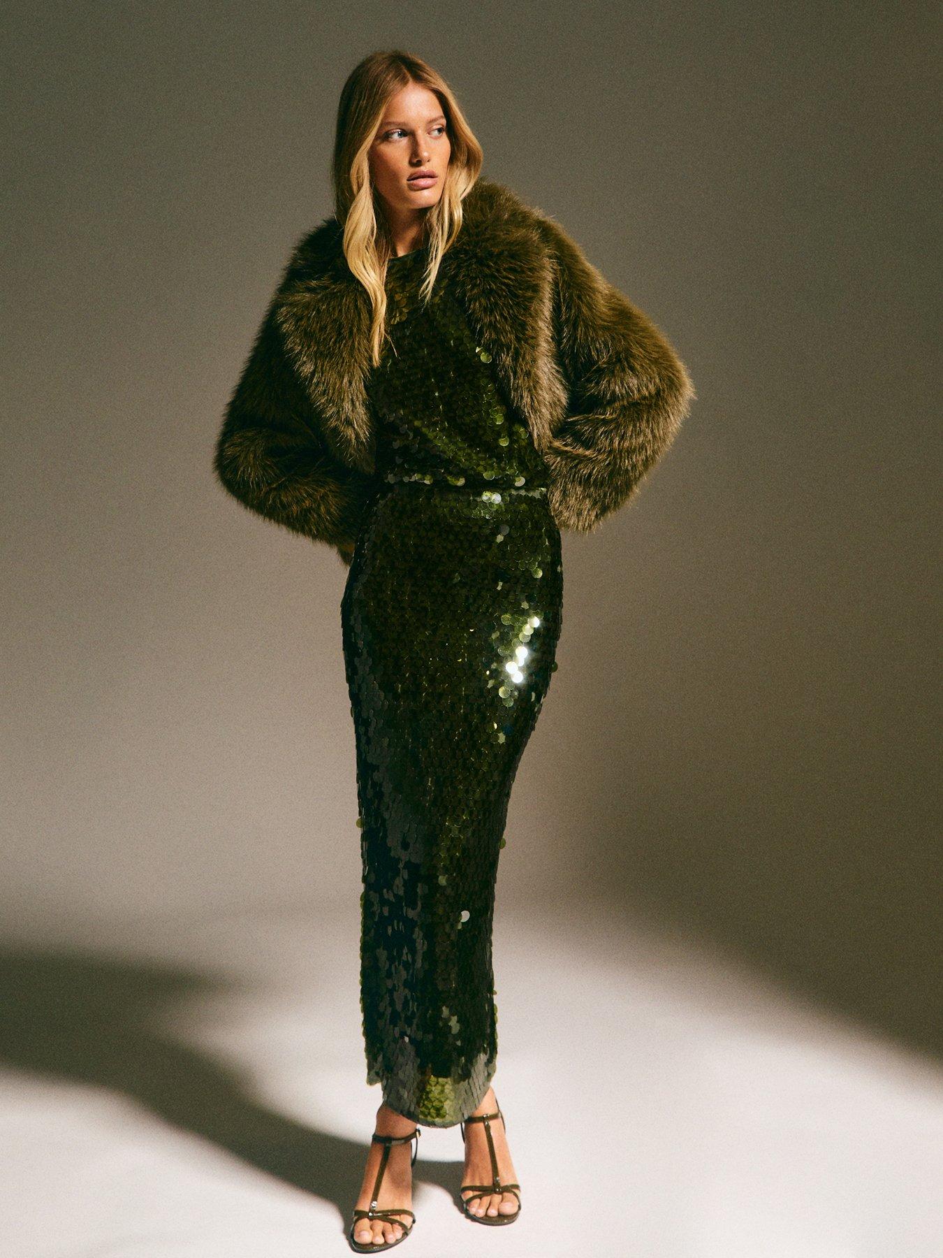 Image 4 of 6 of New Look Khaki Sequin Midi Skirt