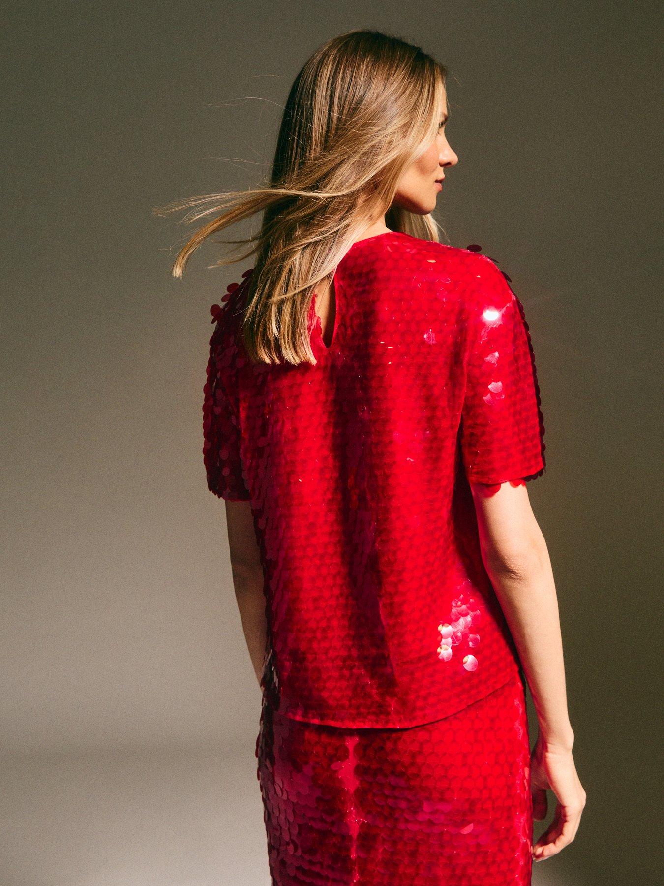 Image 2 of 6 of New Look Bright Red Sequinned Short Sleeve Top