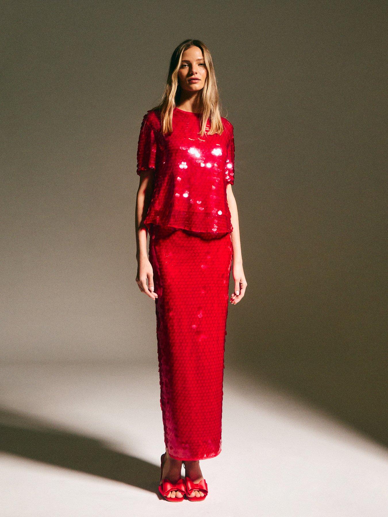 Image 3 of 6 of New Look Bright Red Sequinned Short Sleeve Top