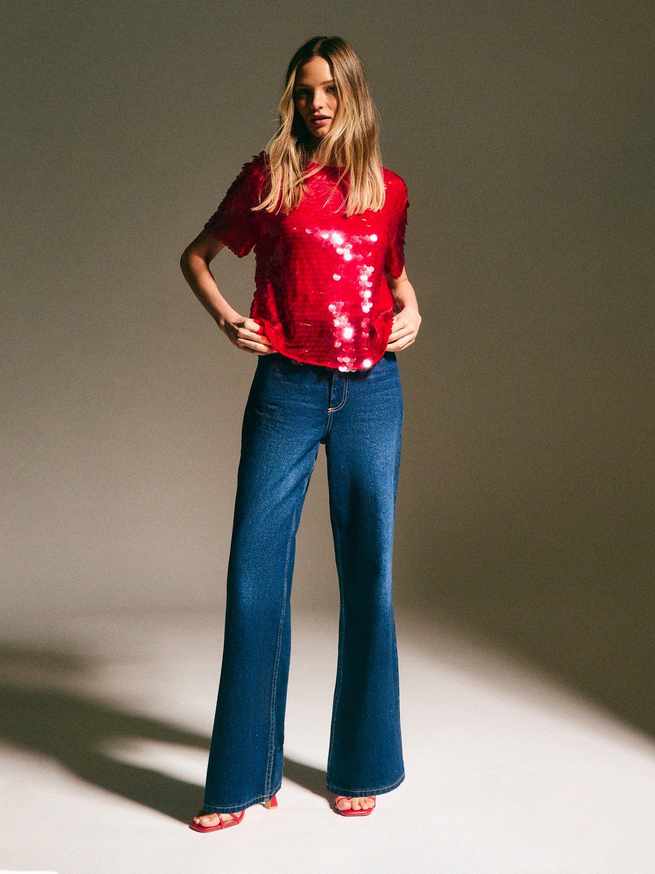 Image 4 of 6 of New Look Bright Red Sequinned Short Sleeve Top