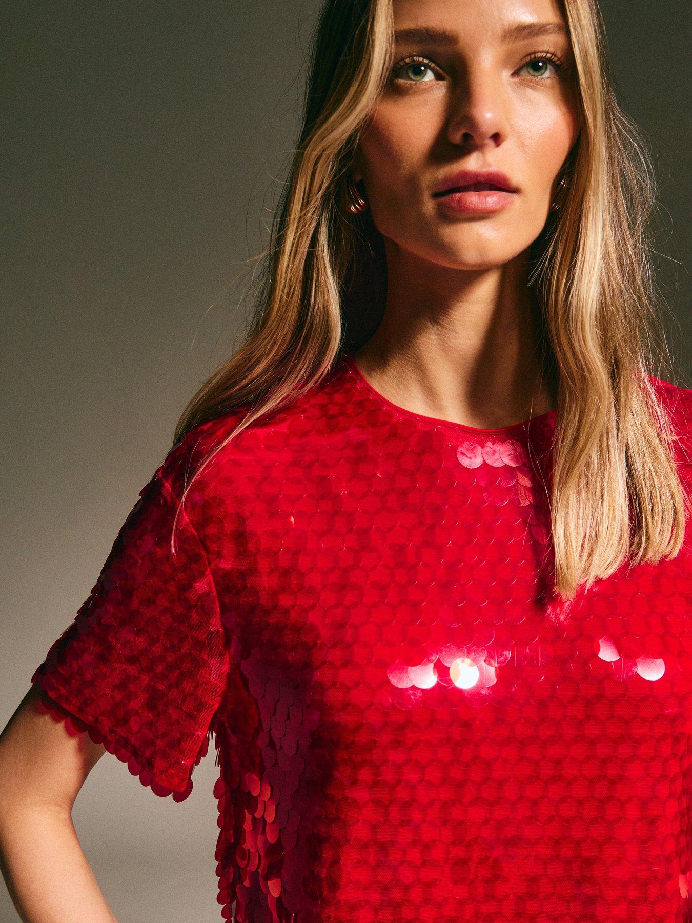 Image 5 of 6 of New Look Bright Red Sequinned Short Sleeve Top