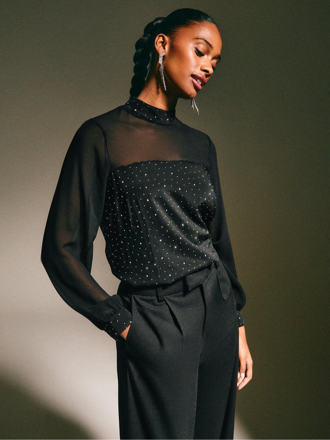 Image 1 of 5 of New Look Diamante Embellished Panelled Top - Black