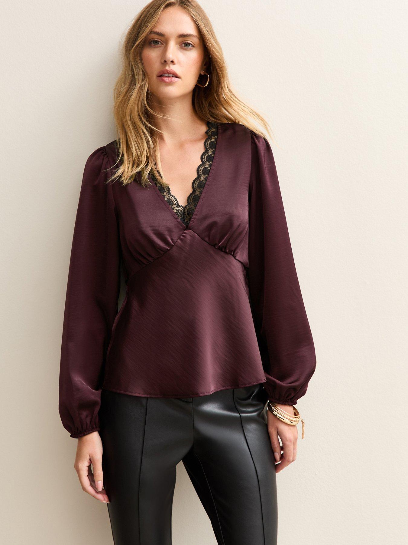 New Look Satin Lace Trim Blouse - Burgundy