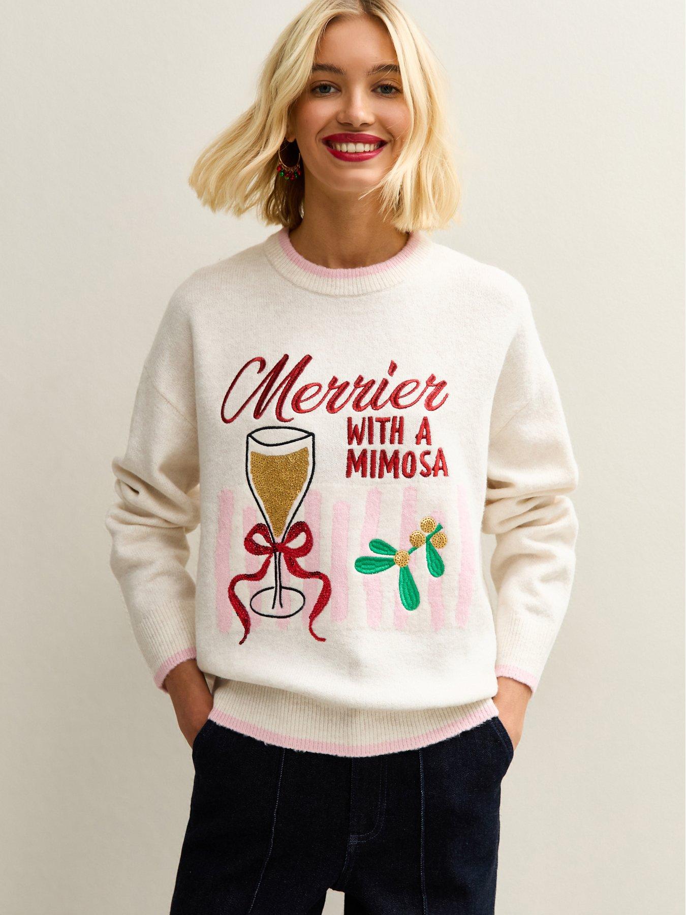 New Look Embroidered Merry Mimosa Christmas Jumper - Beige