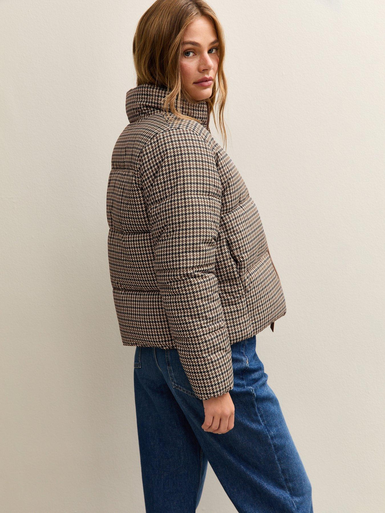 Image 2 of 6 of New Look Brown Houndstooth Check Pattern Cropped Puffer Jacket