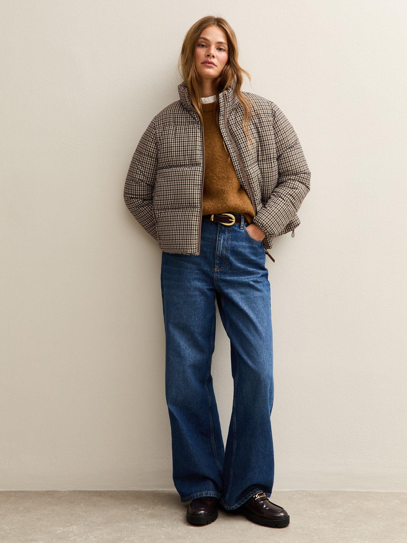 Image 3 of 6 of New Look Brown Houndstooth Check Pattern Cropped Puffer Jacket