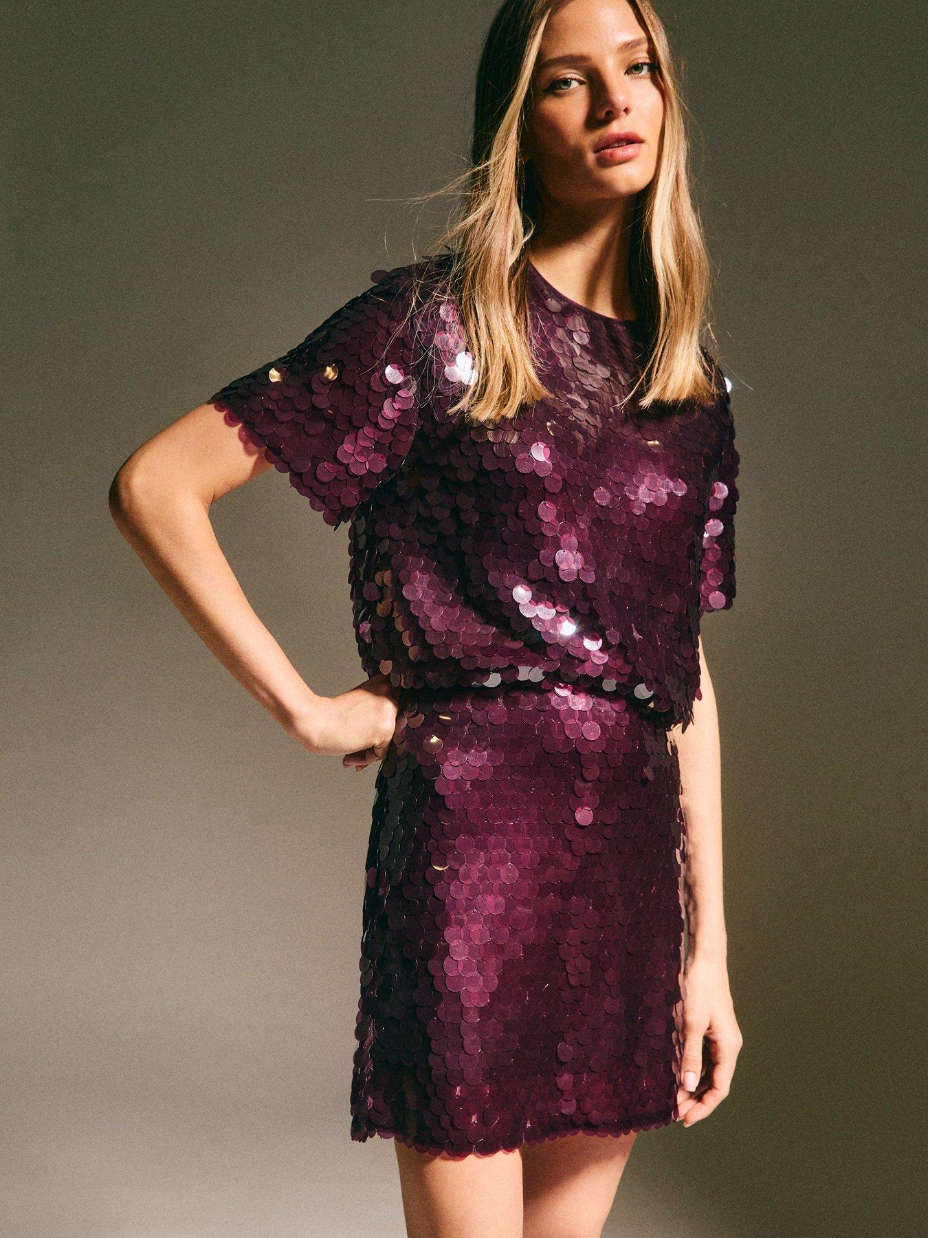 New Look Dark Burgundy Sequin Mini Skirt