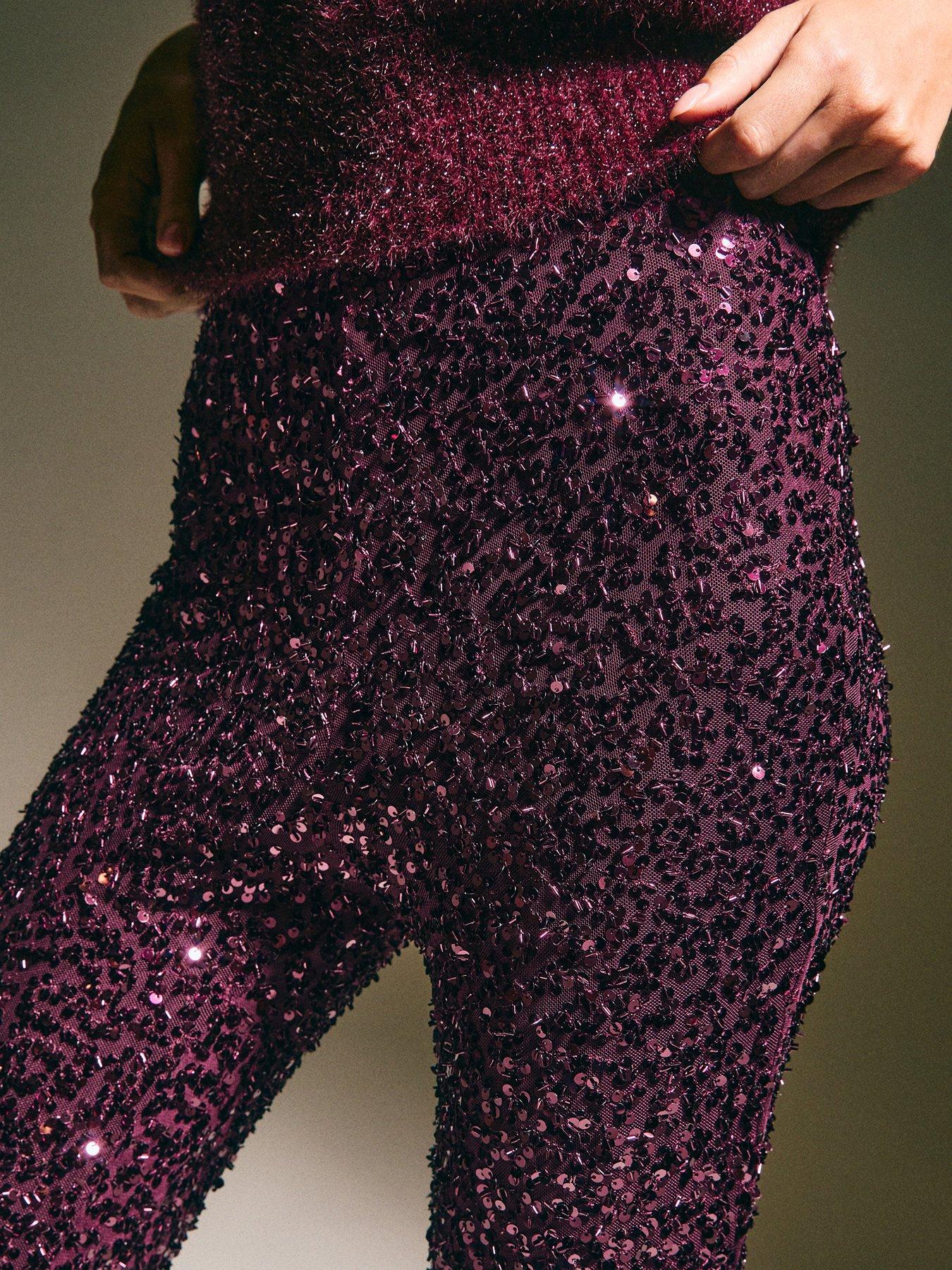 Image 4 of 5 of New Look Sequin Flared Trousers - Red