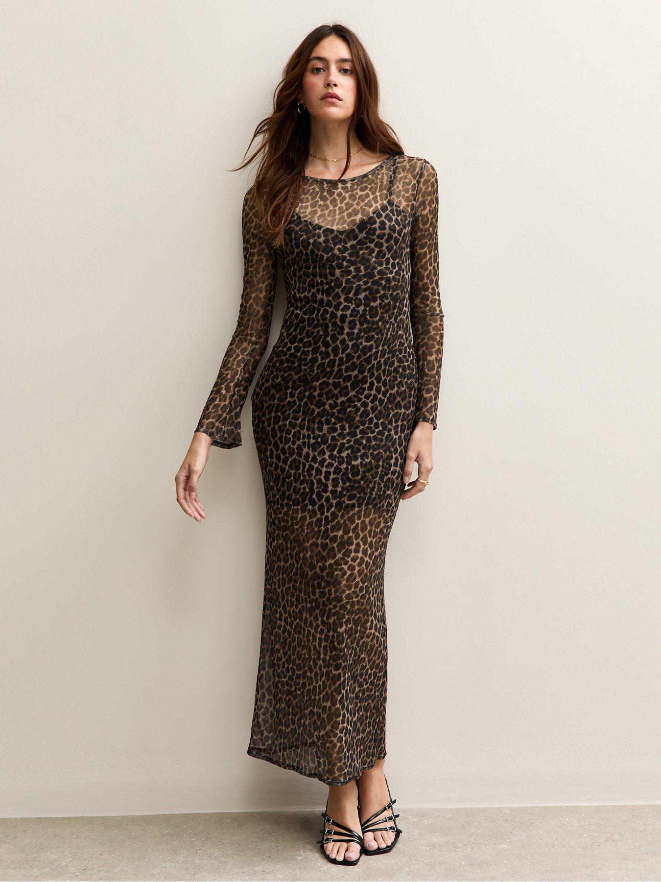 Image 1 of 6 of New Look Leopard Print Cowl Back Mesh Midi Dress - Brown