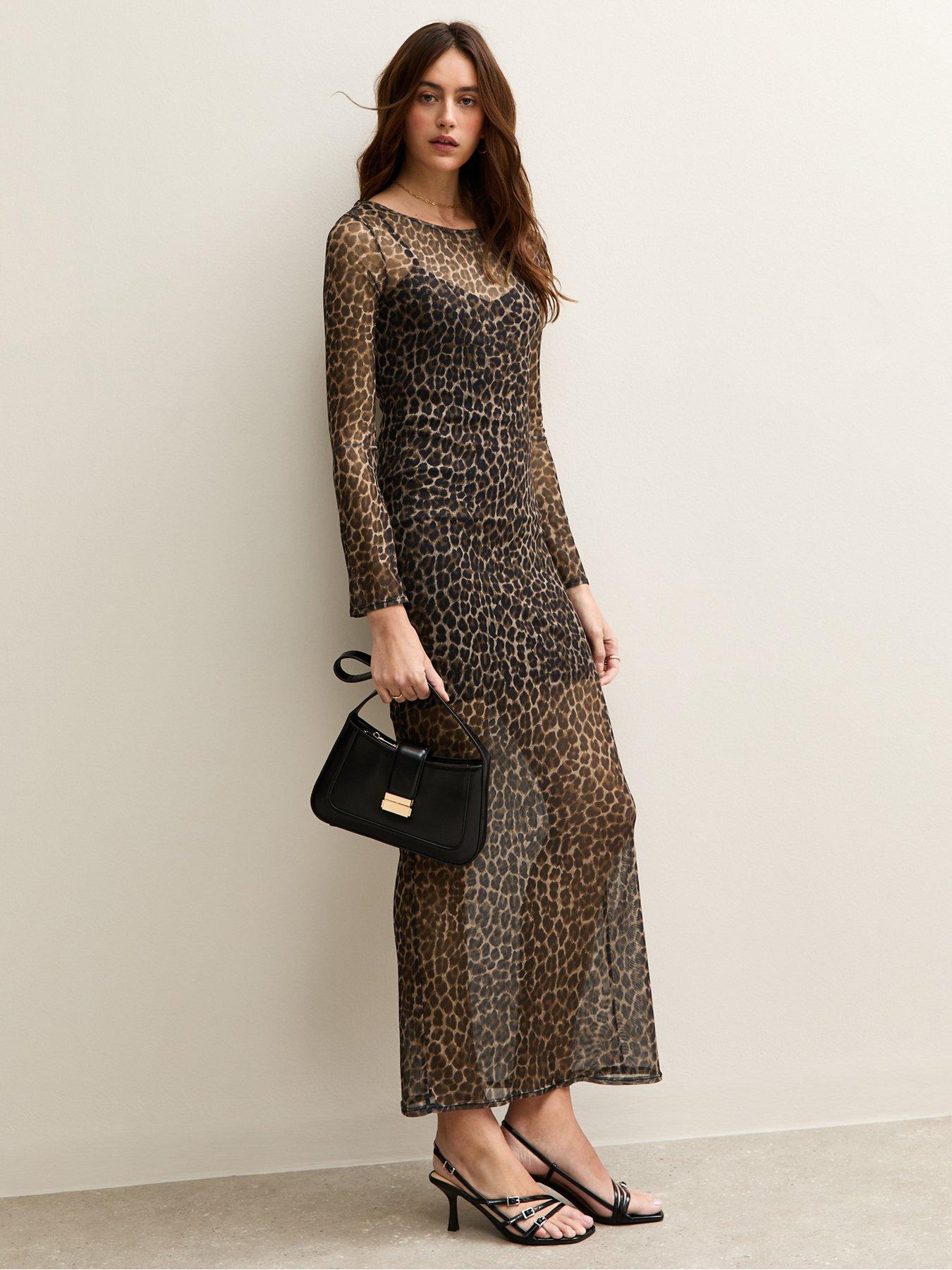 Image 3 of 6 of New Look Leopard Print Cowl Back Mesh Midi Dress - Brown