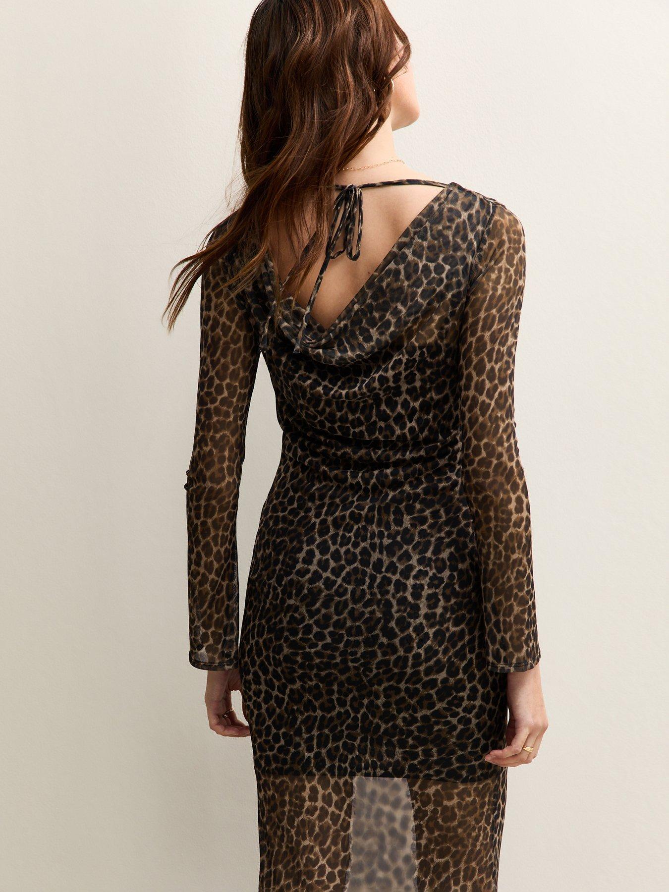 Image 4 of 6 of New Look Leopard Print Cowl Back Mesh Midi Dress - Brown