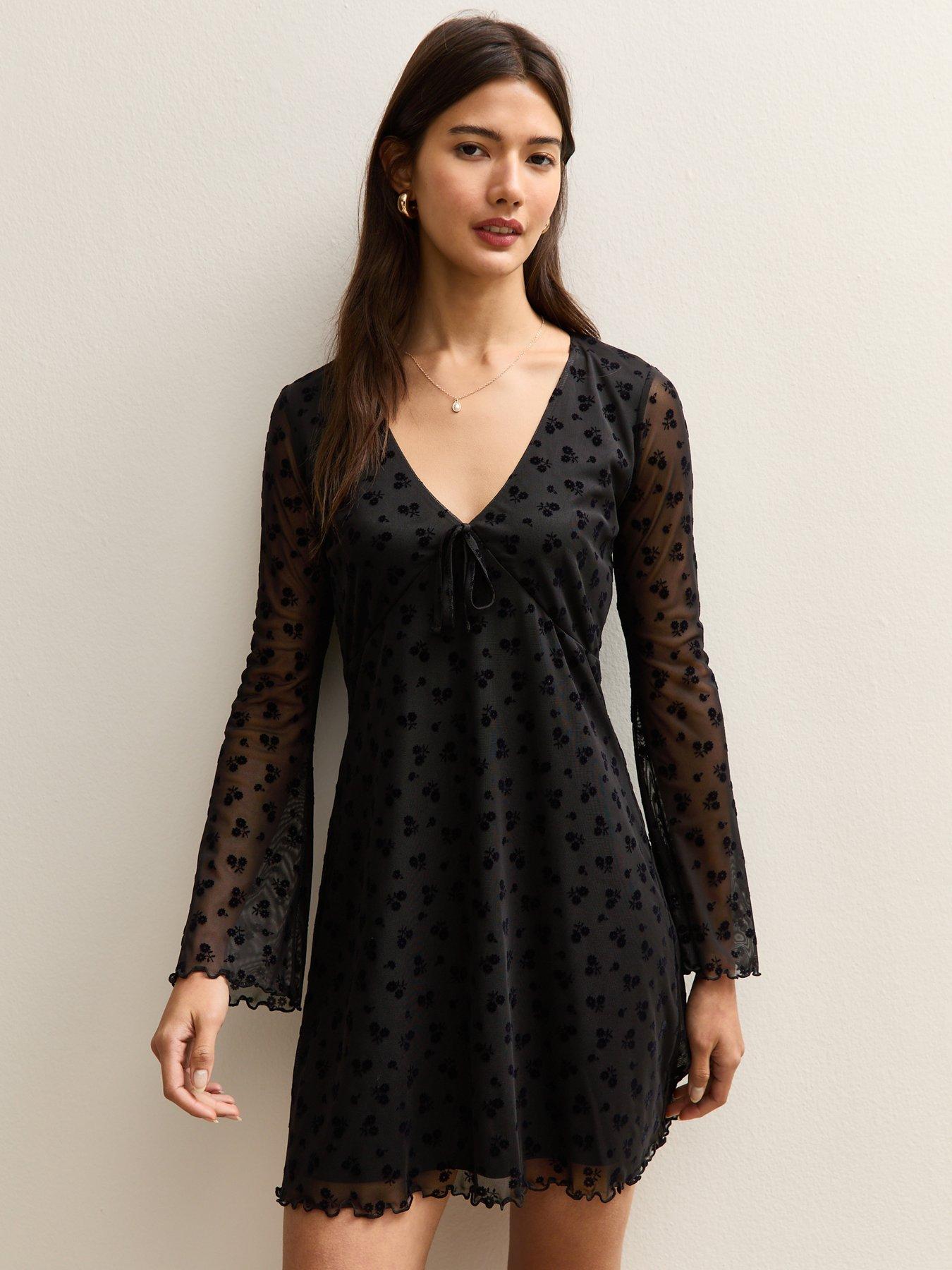 New Look Flocked Mesh Flared Sleeve Mini Dress - Black
