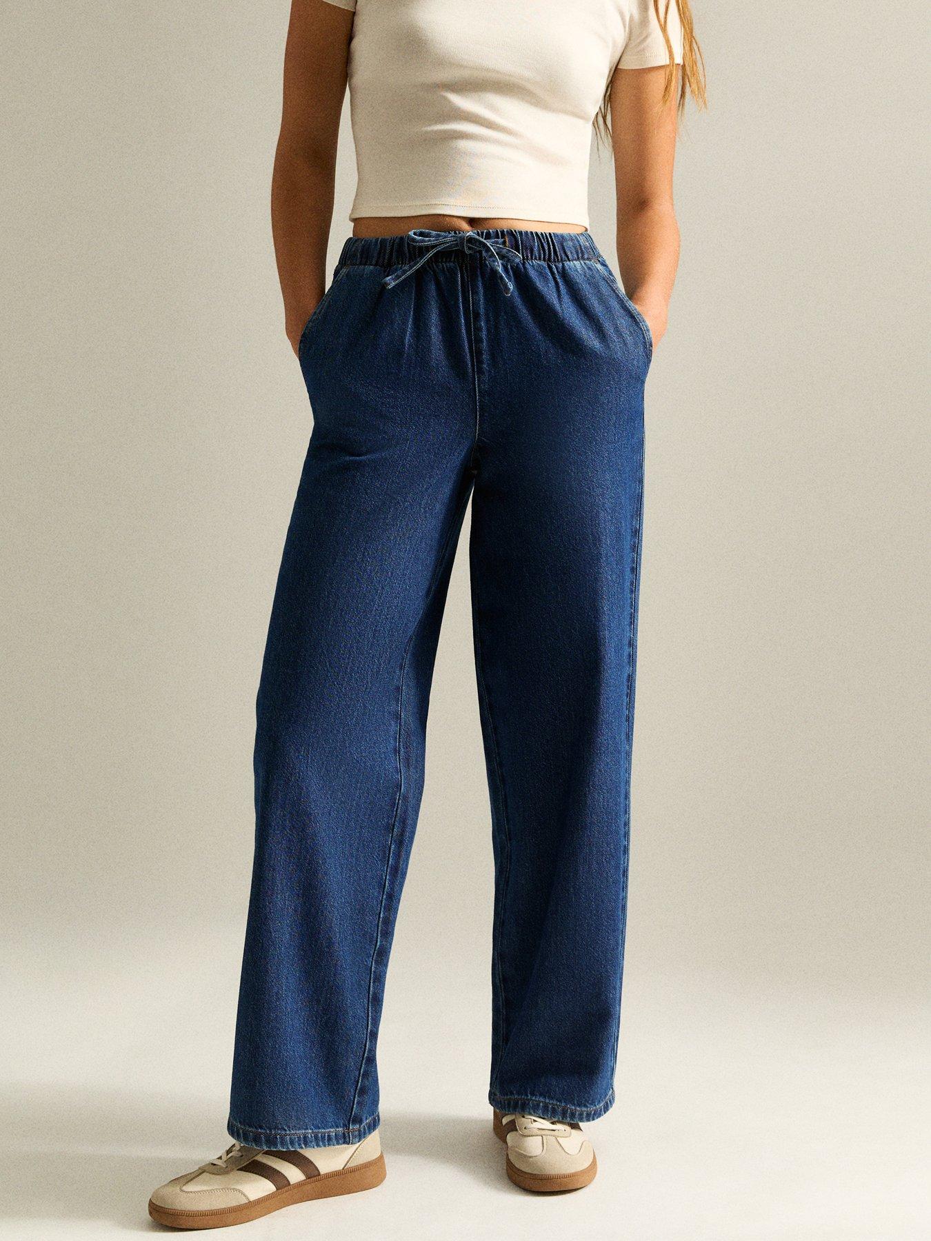 New Look Denim Wide Leg Drawstring Waist Jeans - Blue