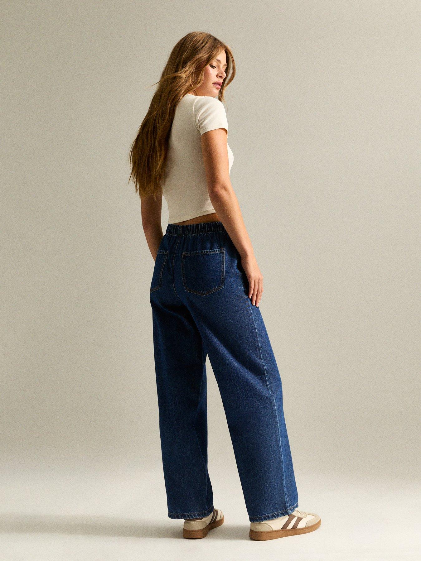 Image 2 of 6 of New Look Blue Denim Wide Leg Drawstring Waist Jeans