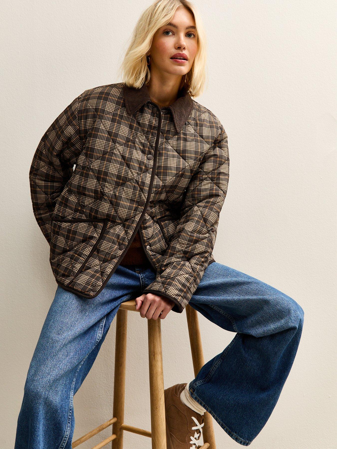 New Look Checked Contrast Trim Quilted Barn Jacket - Brown