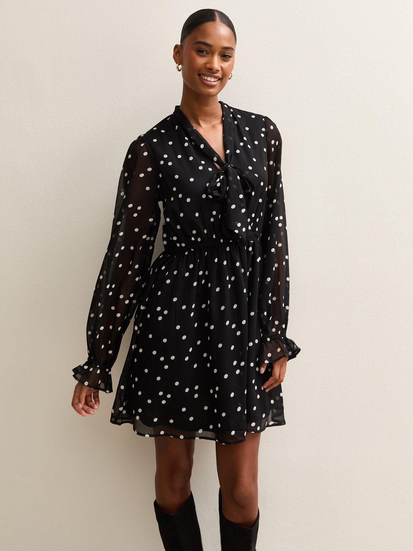 New Look Black Polka Dot Pussybow Mini Dress