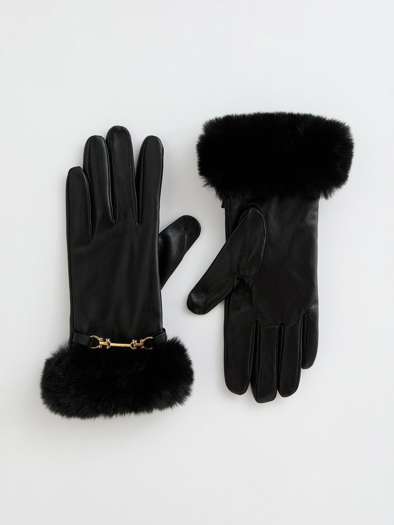New Look Faux Fur Pu Gloves With Chain - Black