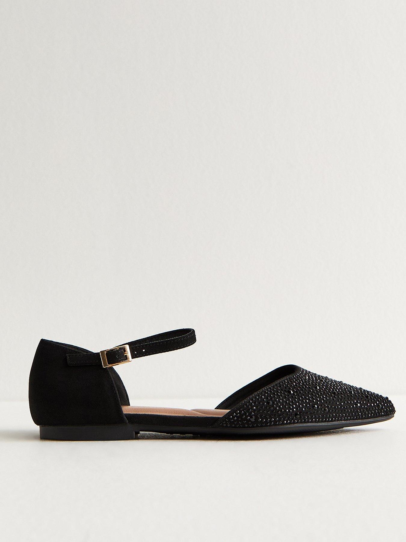 New Look Bedazzled Pointed Toe Ankle Strap Ballerina Flat Shoes - Black