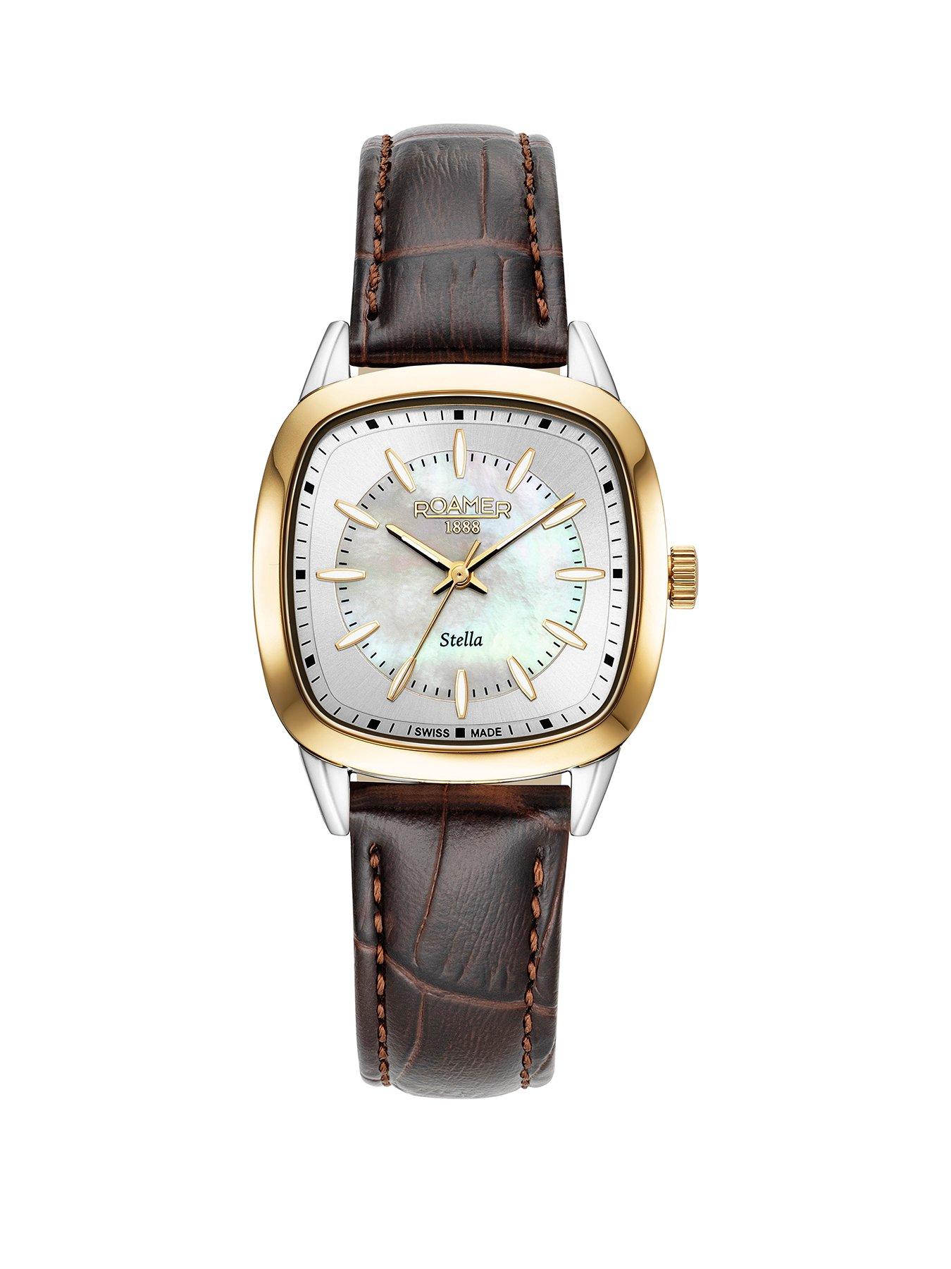 Roamer of Switzerland Roamer Stella TV Case Shape White MOP Dial Gold IP Bicolour Stainless Steel case Brown Leather strap