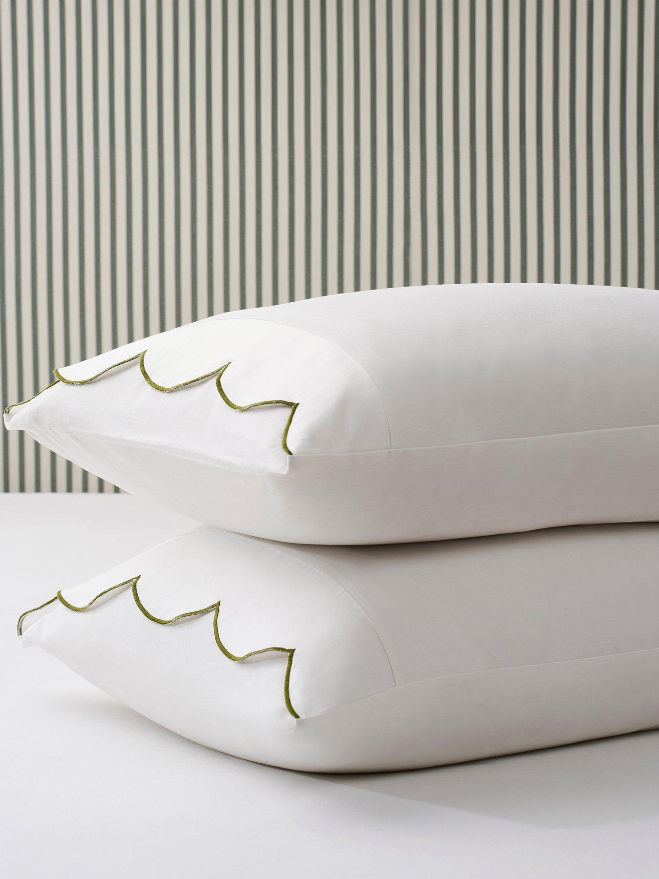 Dusk Simone Scallop Embroidered Edge Classic Pillowcases- Off White/Olive