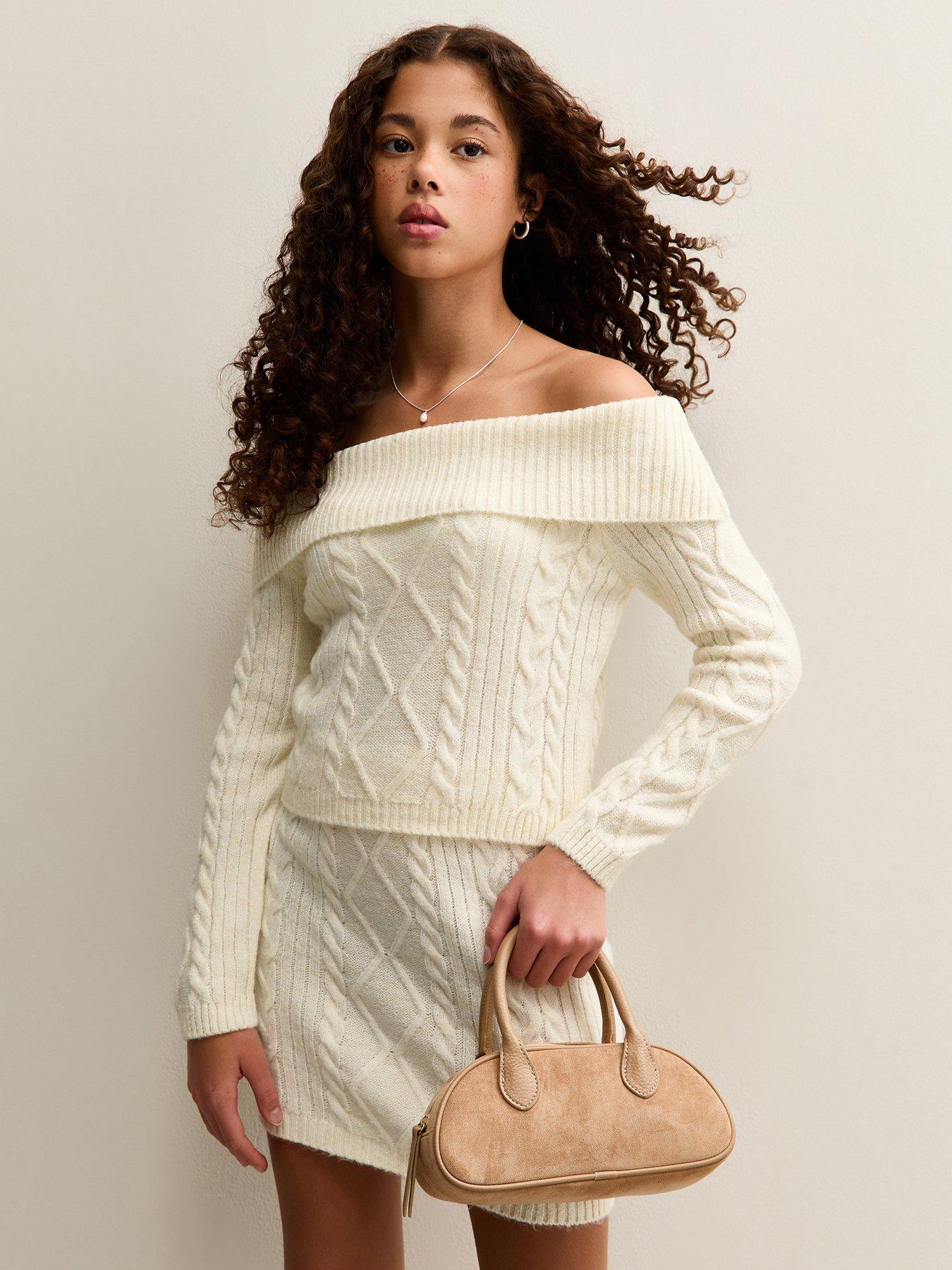 Image 1 of 5 of New Look 915 Girls Cable Knit Off Shoulder Jumper - Cream