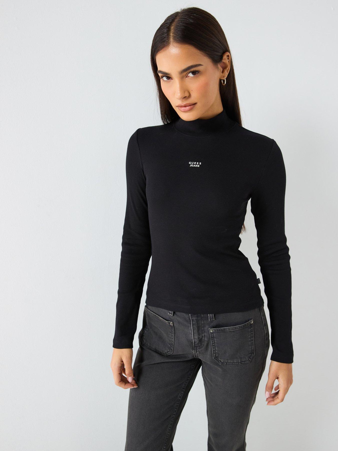 Guess Jeans Mock Neck Slim Ribbed Top - Black